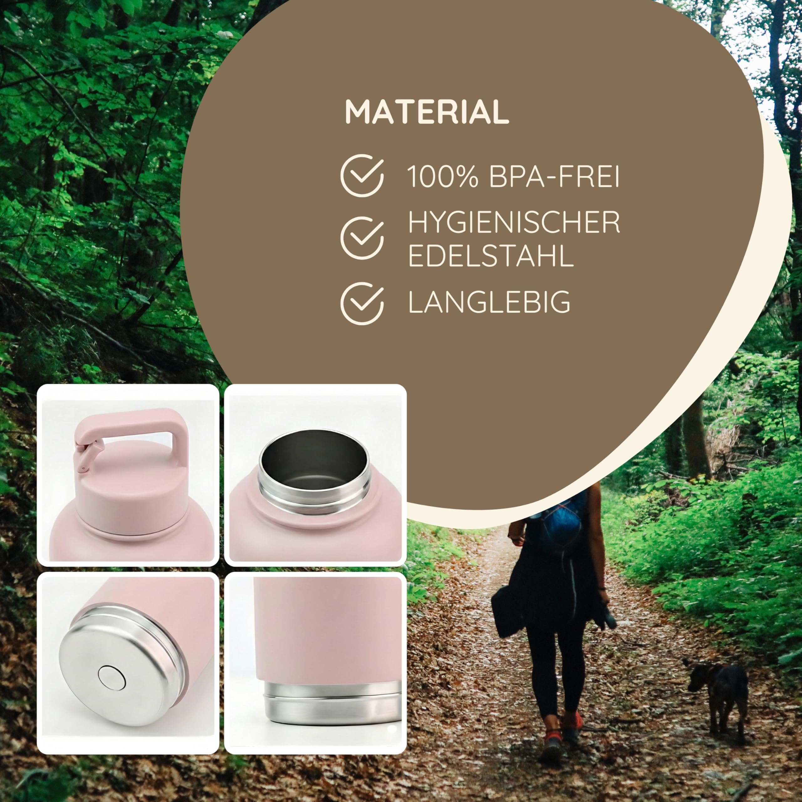 Reiseflasche 4-in-1 für Hunde & Katzen aus Edelstahl – Isolierter Wasser- & Futterbehälter für Haustiere– Auslaufsicherer Reisenapf mit 3 Zusatzbehältern für Unterwegs Pink 1000ml