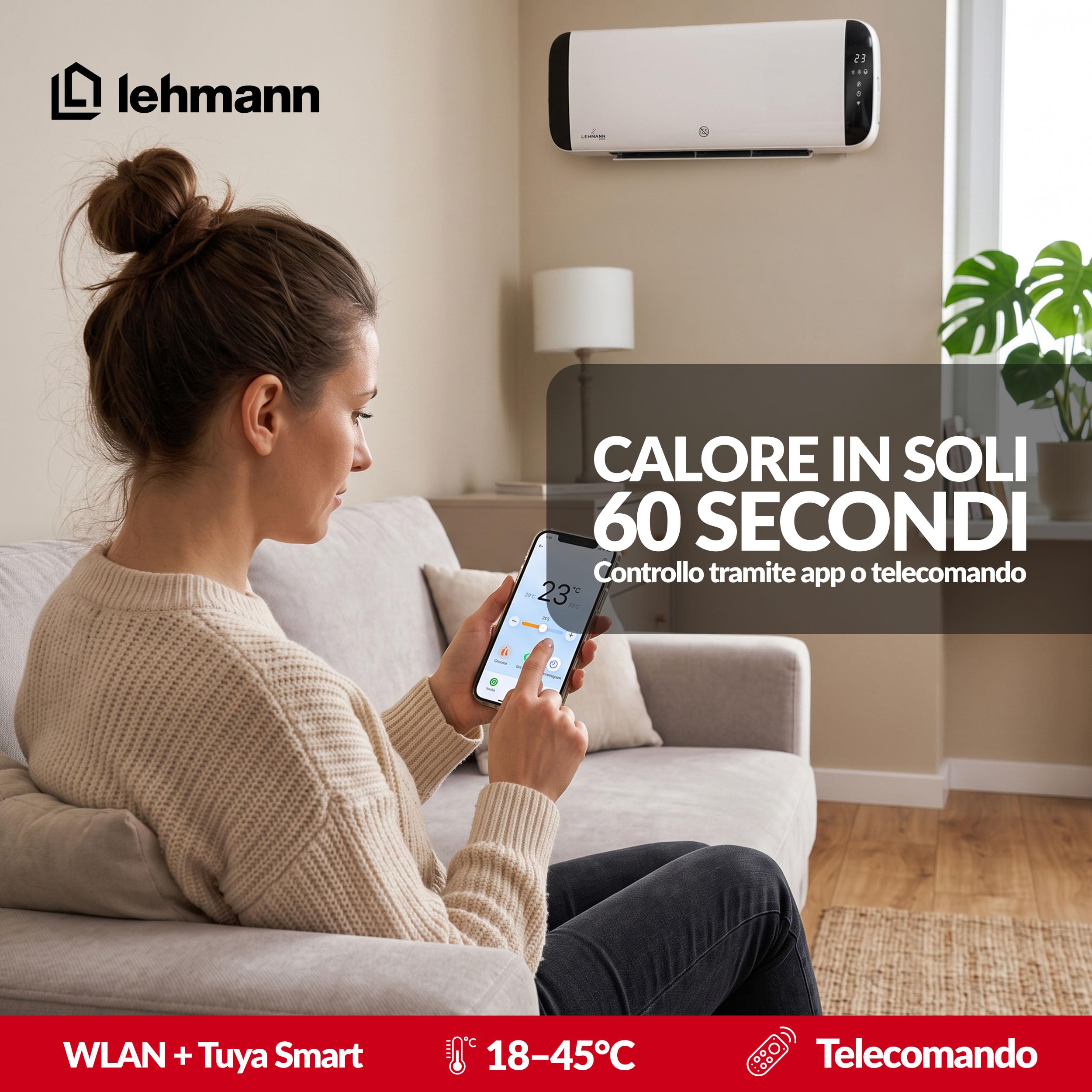 LEHMANN Termoventilatore da Parete, 2 Potenze 1000/2000 W, Riscaldatore Elettrico con Elemento Riscaldante in Ceramica, Rilevamento Finestra Aperta, Timer, Oscillazione, Controllo App e Telecomando