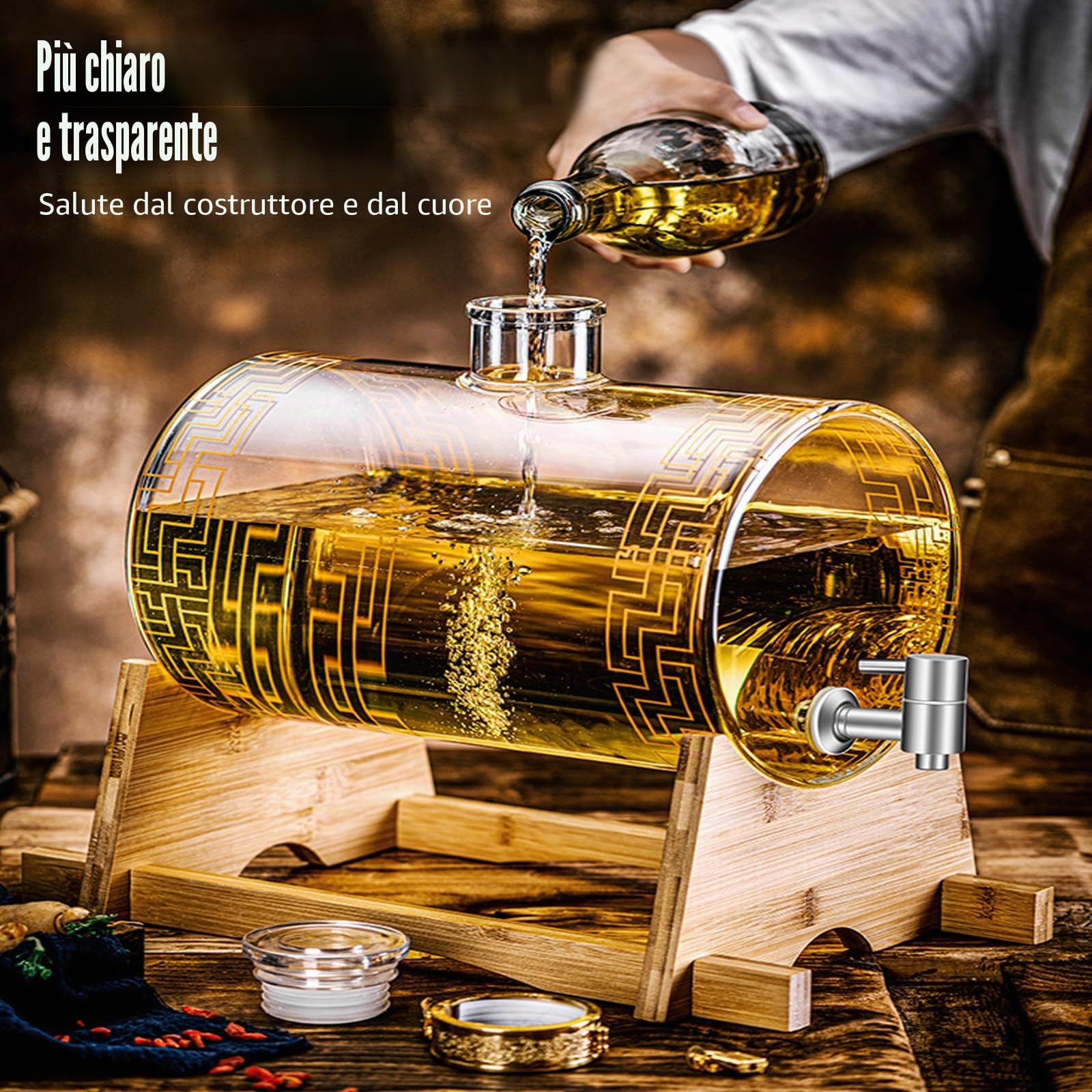 Barile di vino in vetro con rubinetto, decanter per whisky con supporto, dispenser per bevande a forma di barile da 3 a 5 l, caraffa in vetro, beccuccio