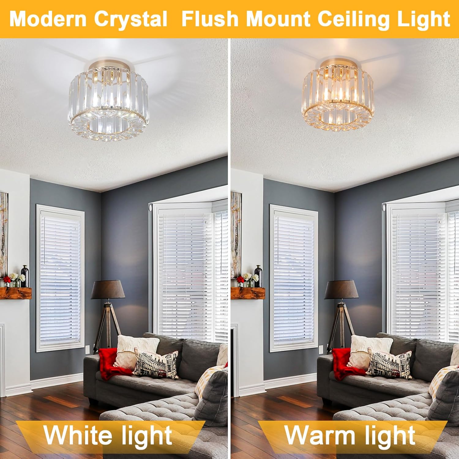Semi Flush Mount Ceiling Light, Modern Crystal Light Fixture with E26/E27 Base, Crystal Chandelier Gold Finish for Living Room Bedroom Hallway Bathroom Kitchen Entryway