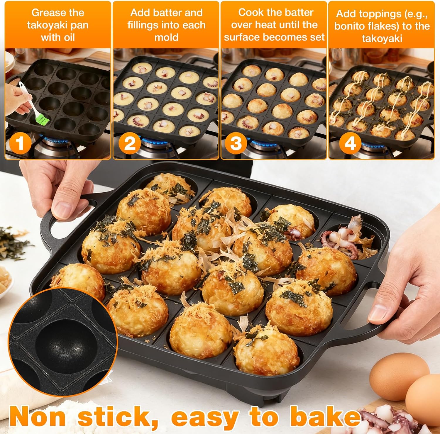 16-Hole Nonstick Takoyaki Pan - Lightweight Cast Aluminum Octopus Ball Maker with Oil Brush, Portable Pancake Ball Grill for Gas Stoves & Camping, Ideal for Aebleskiver & Dessert Meatballs