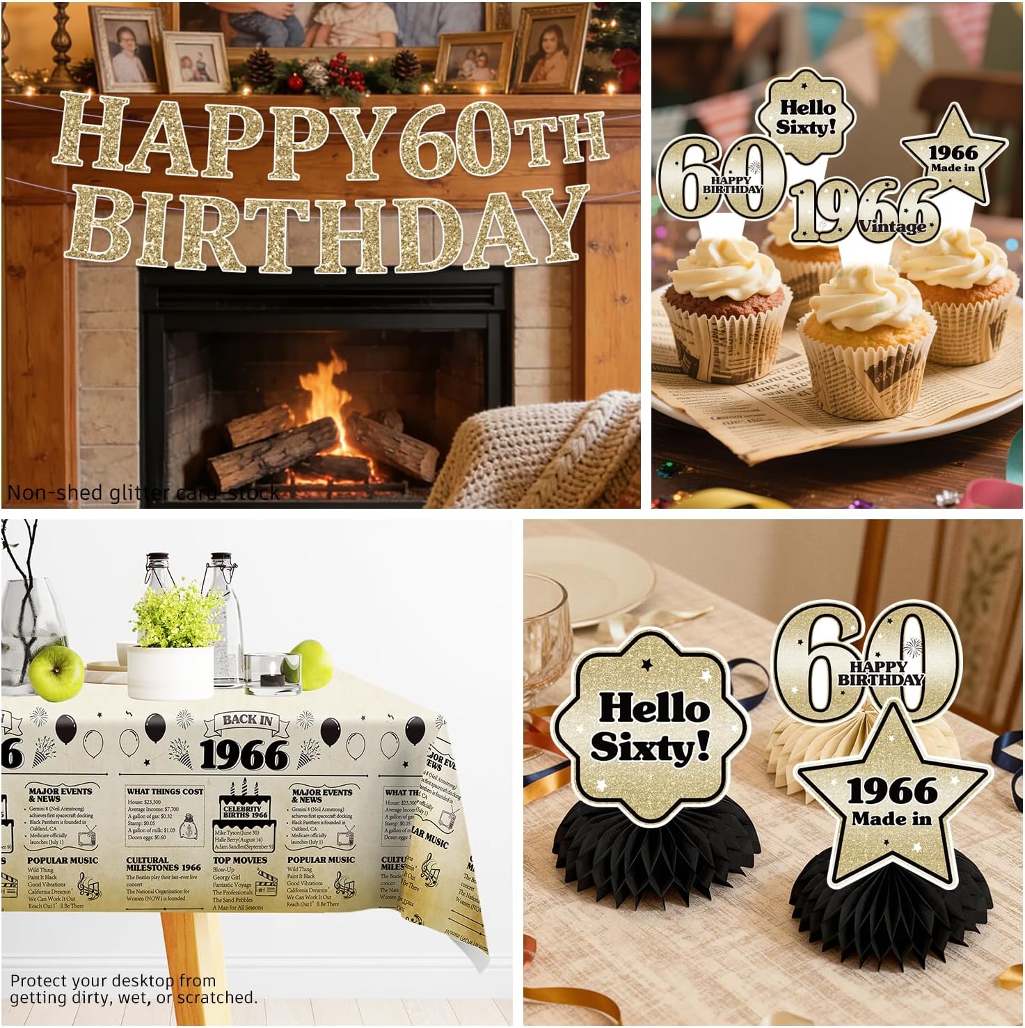 Happy 60th Birthday Decorations for 25 Guests -Disposable Tableware Set with Banner, Balloons, Cake Cupcake Toppers, Plates, Cups, Napkins, Tablecloth– Easy Assembly 1966 Birthday Decorations
