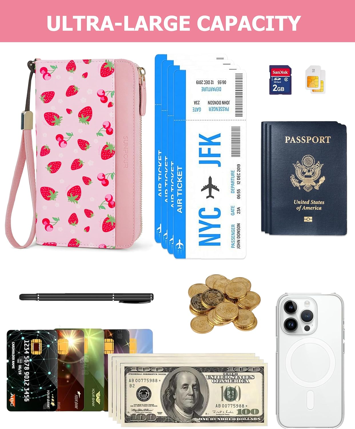 Large Travel Wallet for Women,RFID Zipper Wallet with AirTag Slot,Passport Holder Clutch with Wristlet - Image 6