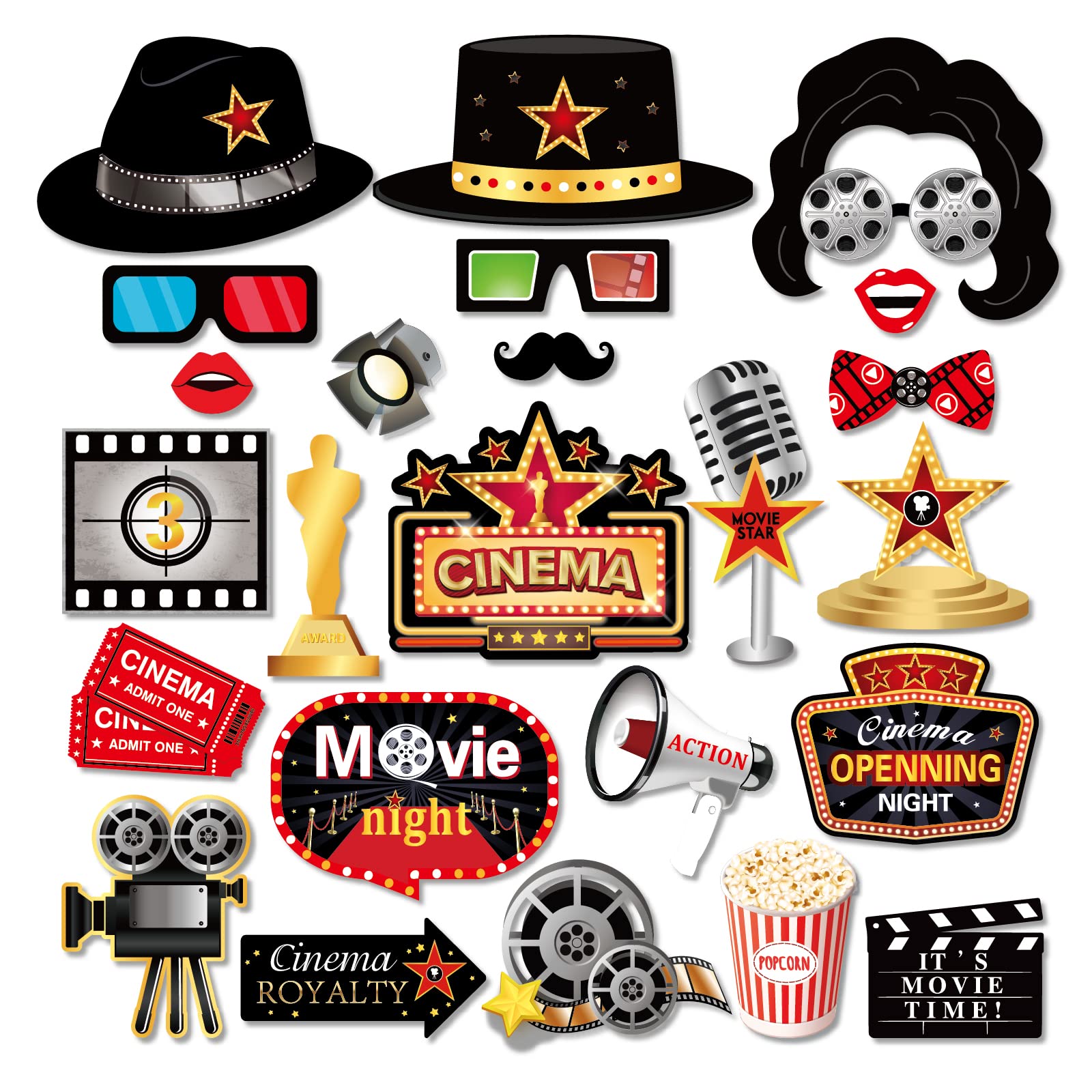 Cc Home Red 25Pcs Film Festival Photo Booth Props, Cinema Carpet Party Decorations Favor For Movie Theme Party Supplies Essentials With Sticks And Glues