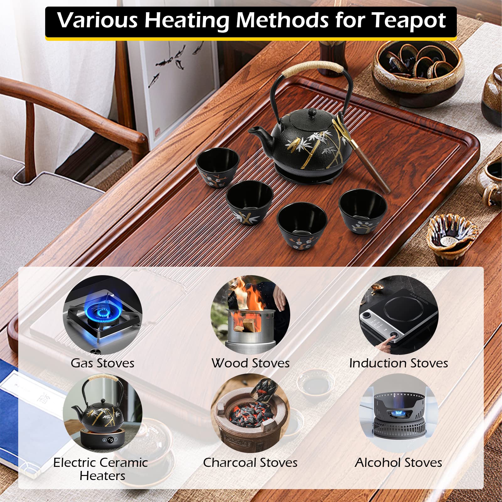 Dyna-Living Tetera de hierro fundido con infusor de 1200 ml / 45 onzas japonesas con 4 tazas de té