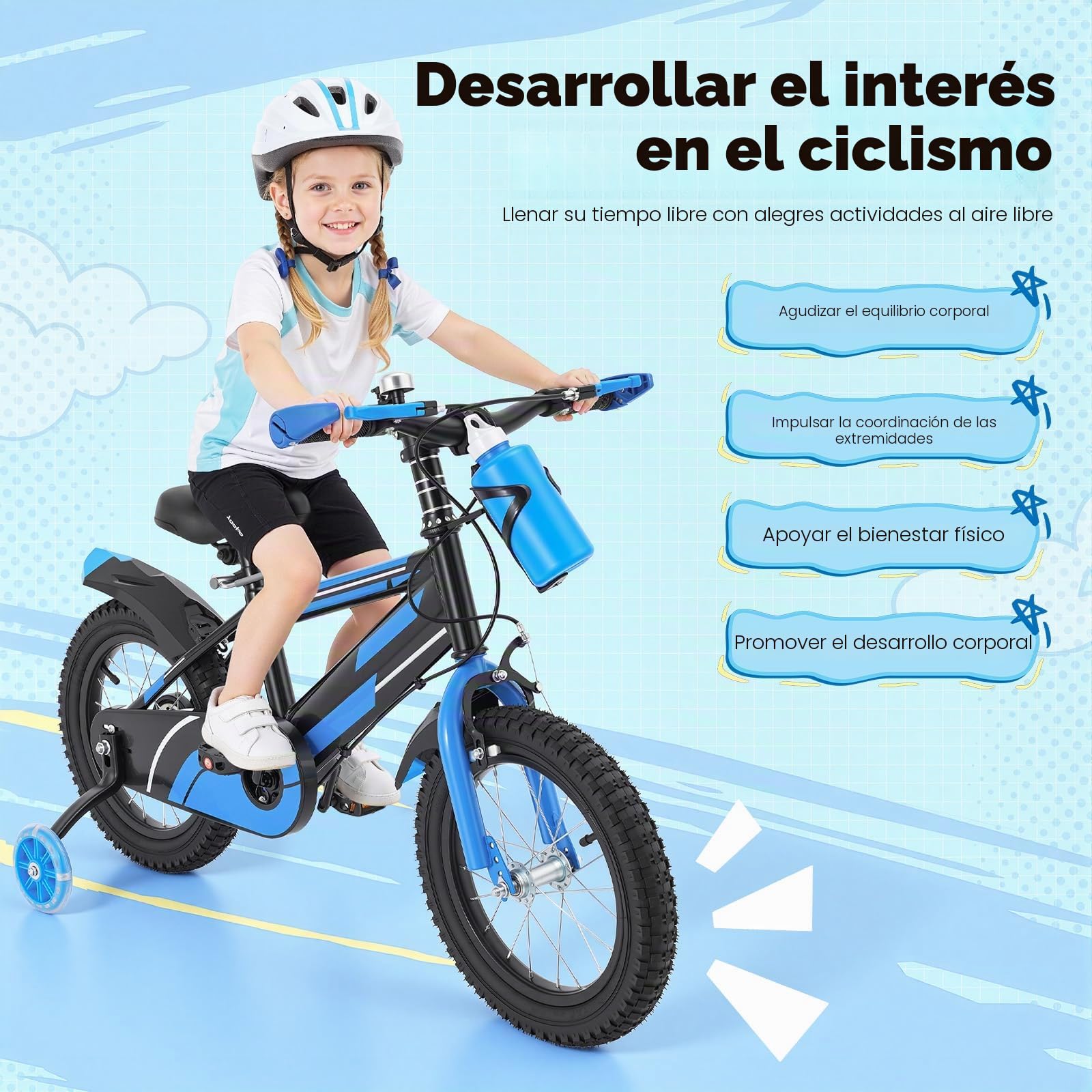 Bicicleta infantil de 14 pulgadas para niños de 3 a 7 años, bicicleta infantil ajustable con ruedines y botella, capacidad de carga 60 kg