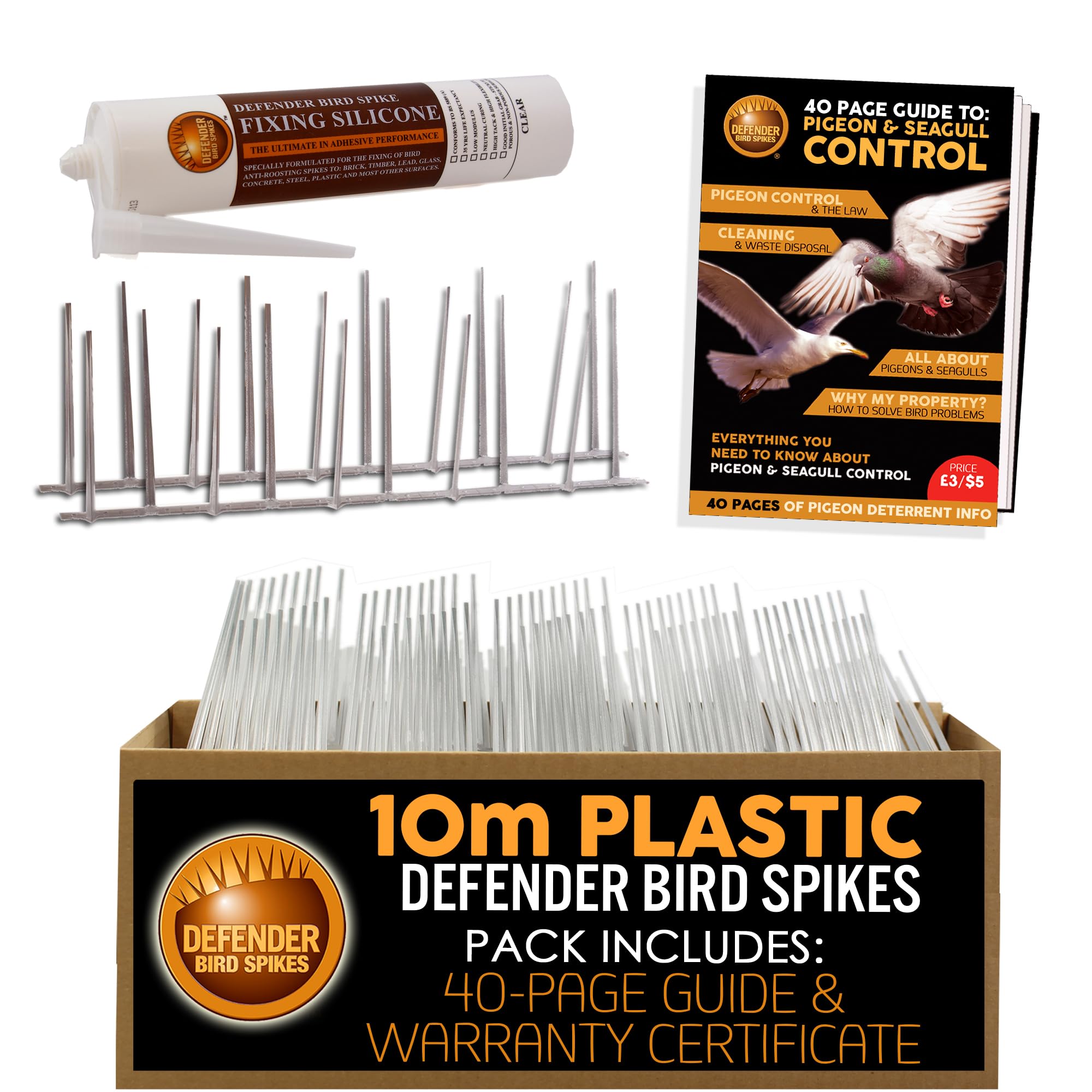 Defender Bird Spikes | Narrow Plastic Pigeon Deterrent | Glue | Info Guide | 10 Metre