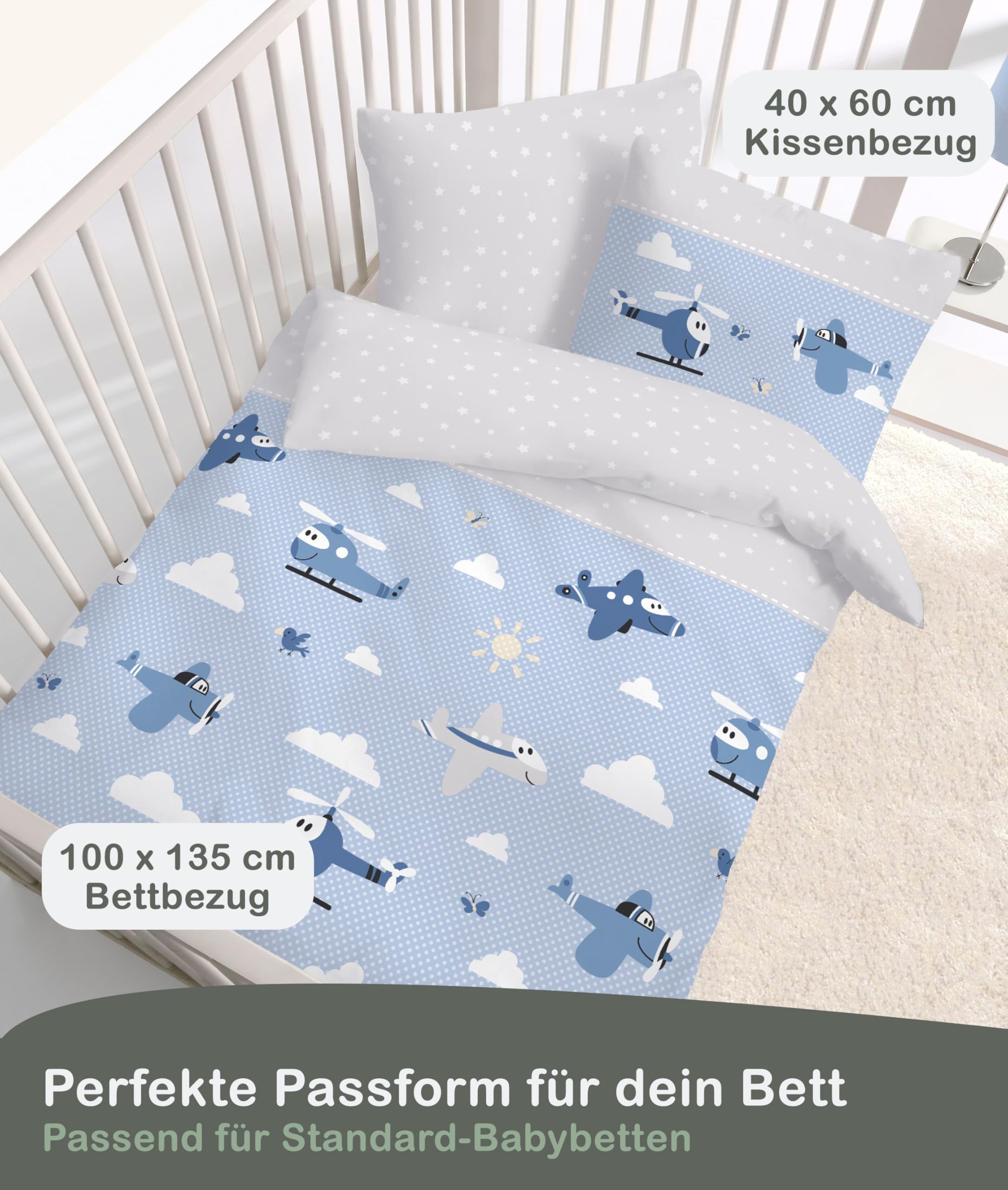 LINKHOFF Biancheria da letto per bambini, 100 x 135 cm, 100 x 135 cm, colore blu, con aerei, morbida biancheria da letto invernale per bambini, in 100% cotone