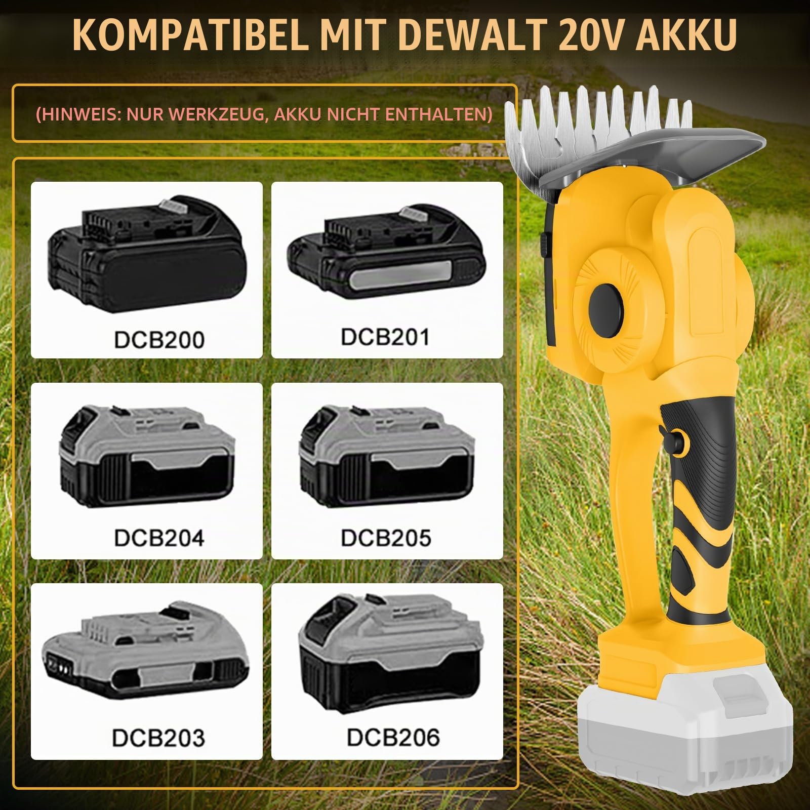 2-in-1 Akku Heckenschere & Grasschere für Dewalt 20V Akku (ohne Batterie) | 60° Verstellbare, Elektrische Strauchschere, Rasenschere mit 2 Aufsatzklingen, zum Schneiden von Strauch und Gras
