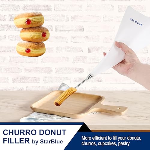 Miniatura 2 de StarBlue - Relleno de rosquillas Churro  Bolsa de tuberías reutilizable y boquilla con inyector de aguja grande, mejor ajuste con churrera churro