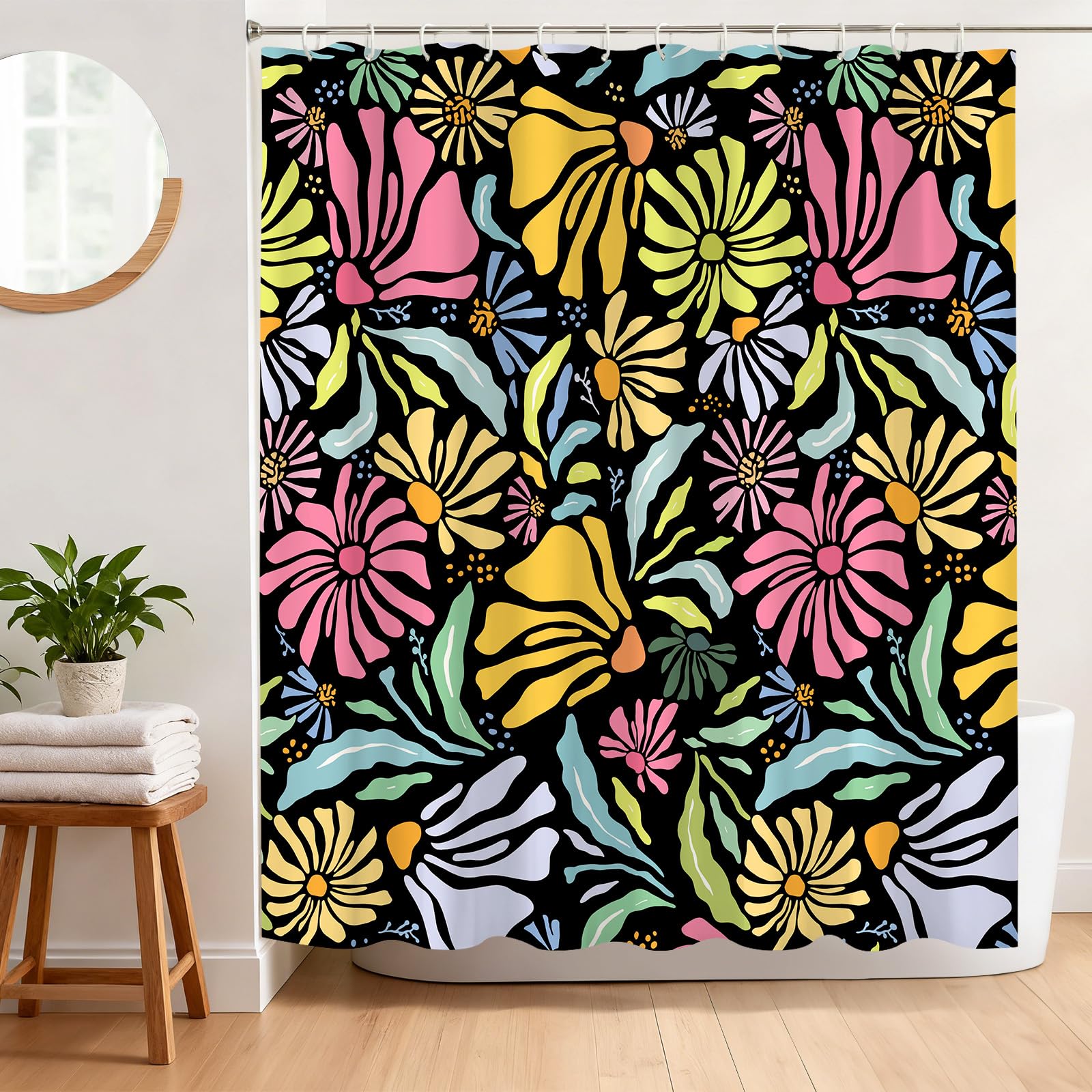 BREASOME Abstract Floral Shower Curtain 180 x 180 cm Colorful Flowers Shower Curtain for Bathroom Decor Mould Proof Waterproof Polyester Fabric Bath Curtain with 12 Hooks
