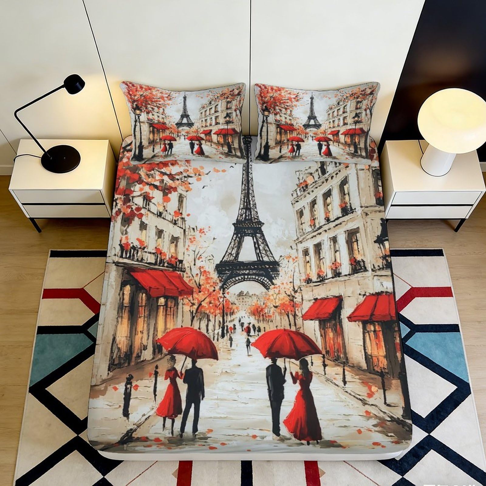 3D Printed Paris Street View Fitted Sheet Microfiber Soft Red Umbrella Bed Cover for Bedroom Dorm Mattress Protection Decor 90x200x25cm