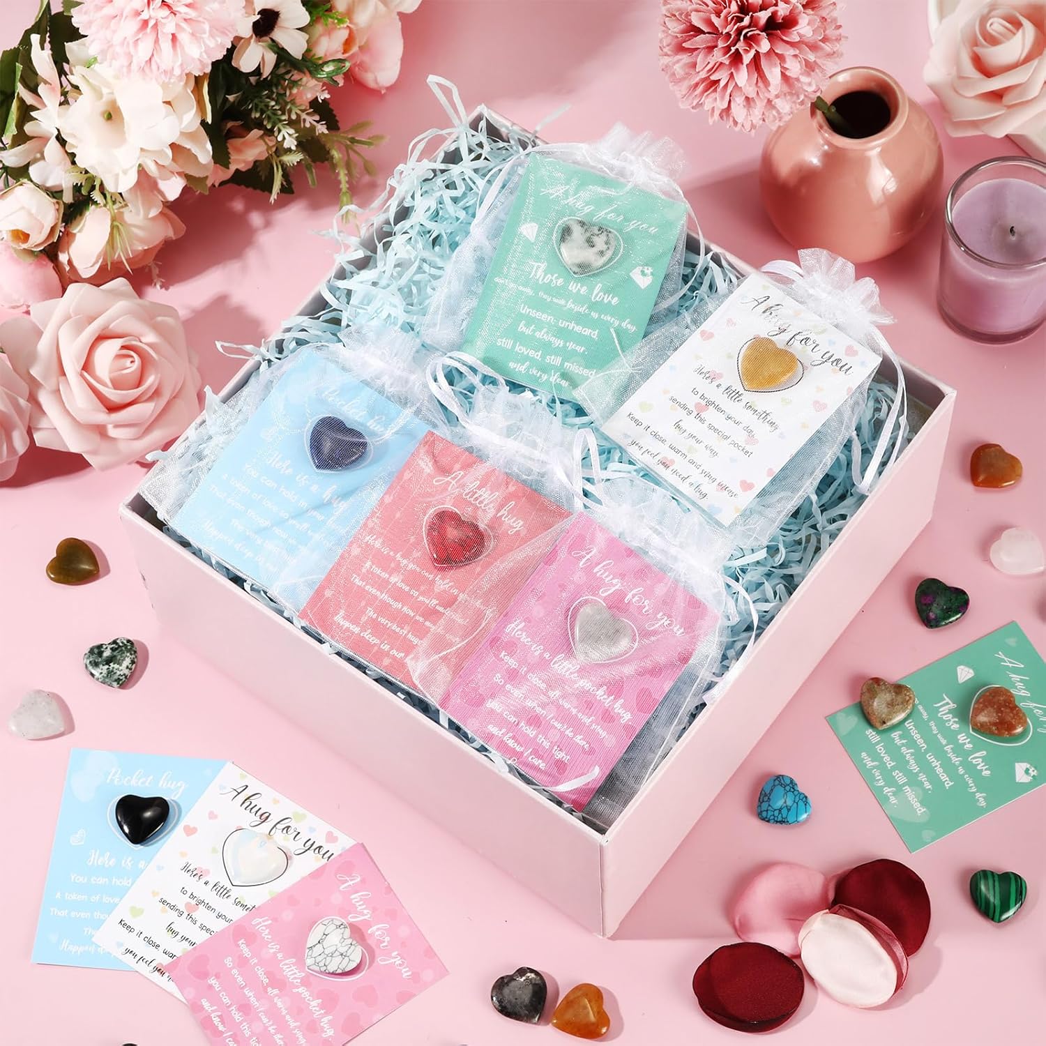 Tondiamo 60 Sets Pocket Hug Valentines Gift Bulk, 0.8 Inch Natural Heart Crystal Worry Stones with Hug Cards and Organza Bags, Small Cute Love Pocket Tokens for Friend, Couples, Office Employee, Staff