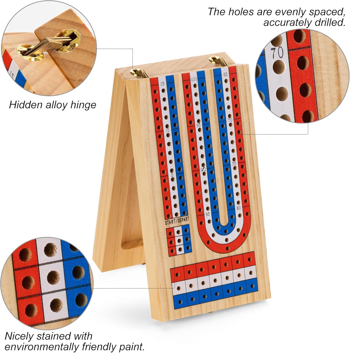 Foldable Cribbage Board Game Set, Portable Travel Cribbage Board with Storage Area, 9 Metal Pegs, 1 Playing Card and Instruction. Classic Cribbage Game for Family.