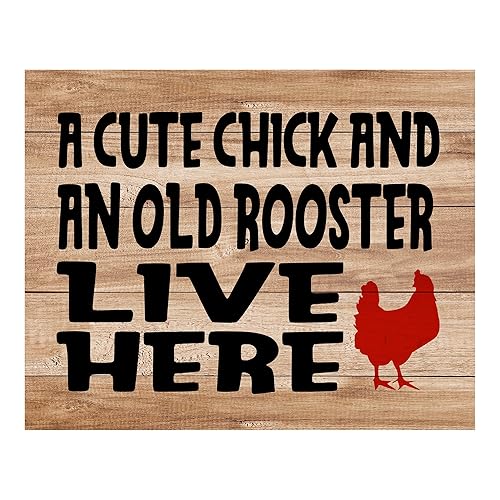 Cute Chick & Old Rooster Live Here - Funny Rustic Chicken Wall Decor, Retro Country Family Wall Art Print Ideal For Home Decor, Farmhouse Decor,
