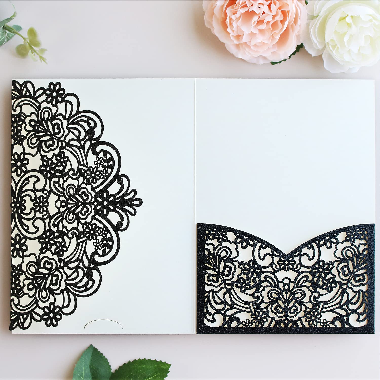 Hosmsua50PCS Black Glitter Laser Cut Lace Flora Invitation Pocket, 5.12 x 7.2 Laser Cut Wedding Invitation Pockets with Envelopes for Wedding Birthday Sweet 16 Invite (No Inner Sheet)