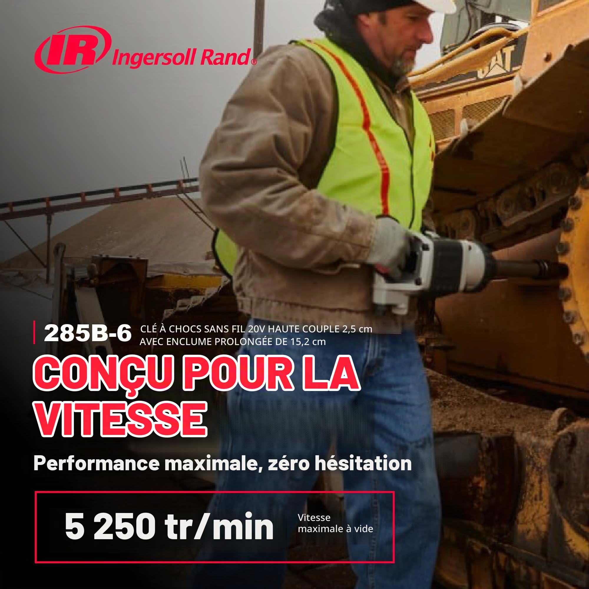 Ingersoll-Rand Clé à Chocs Pneumatique 285B-6, Clé de 1", Couple de Sortie pour Usage Intensif, Longue Broche de 6", 2 Poignées, Haute Précision, Gris