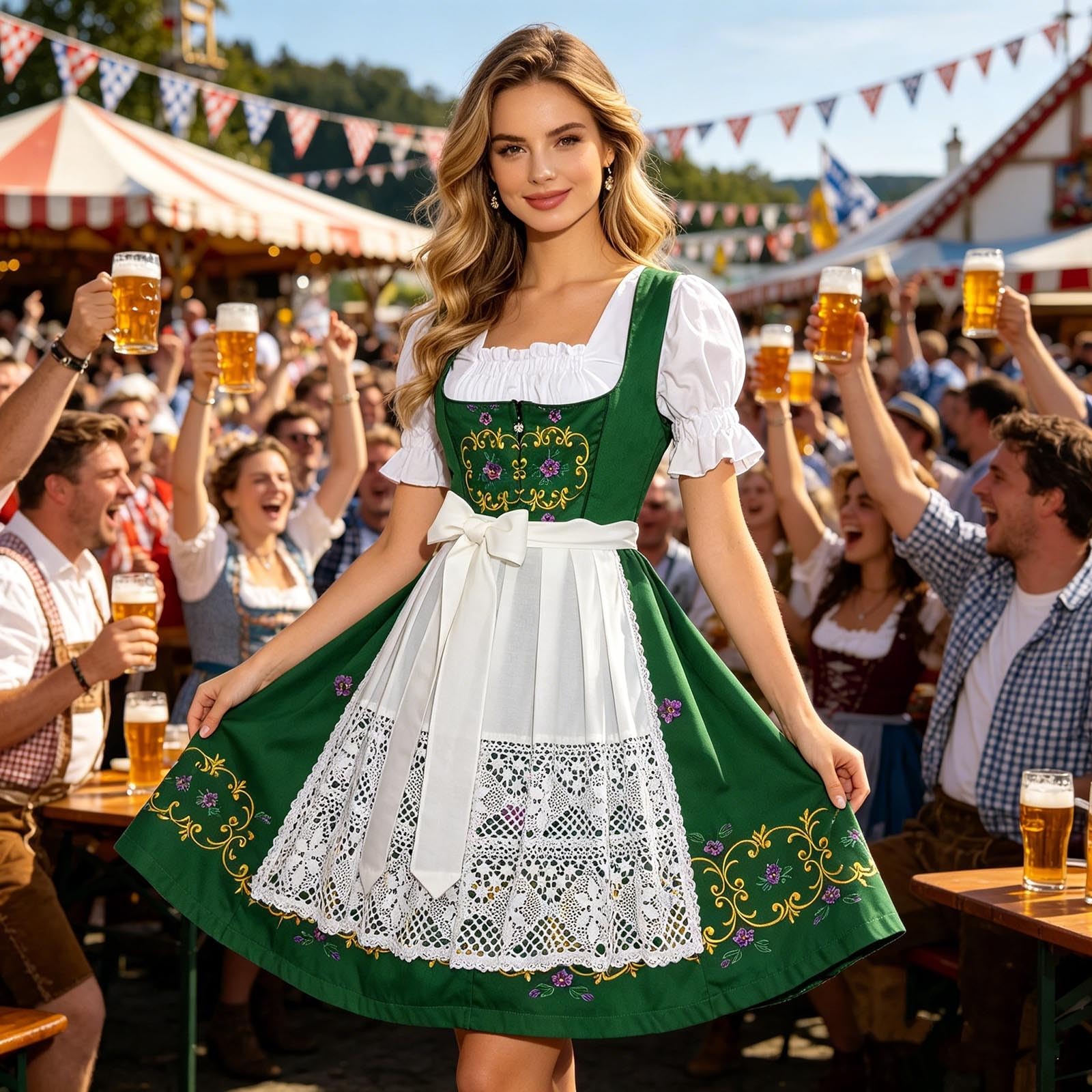 Generisch Neuheiten 2026 Traditionelles Biermädchenkleid fürs Oktoberfest – Elegantes Ensemble mit Schnürmieder, Blumenschürze mehr