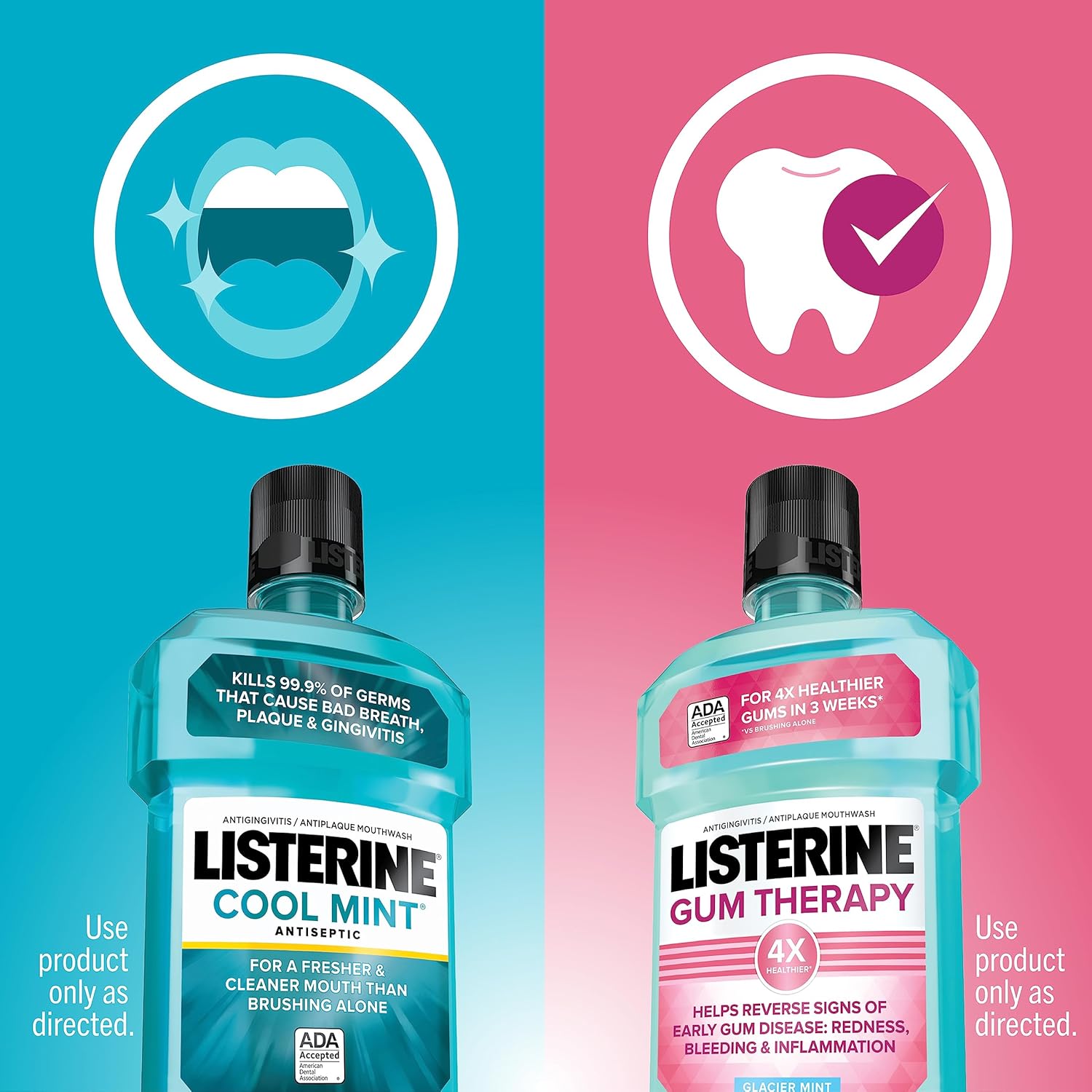 Listerine Cool Mint Antiseptic Mouthwash to Kill 99% of Bad Breath Germs and Gum Therapy Mouthwash in Glacier Mint to Help Reverse Signs of Early Gingivitis, Convenience Pack, 2 x 1 L