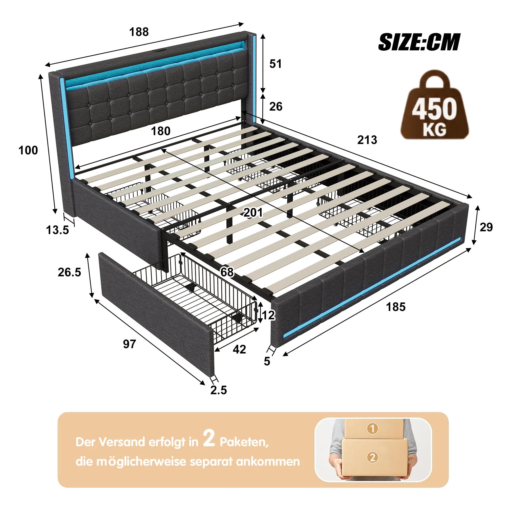 BRILVERDE Polsterbett 180x200 mit Stauraum, Doppelbett mit USB und LED, Jugendbett mit 4 Schubladen, Funktionsbett, Bettgestell mit Lattenrost, Linen (Grau, 180 x 200 cm)