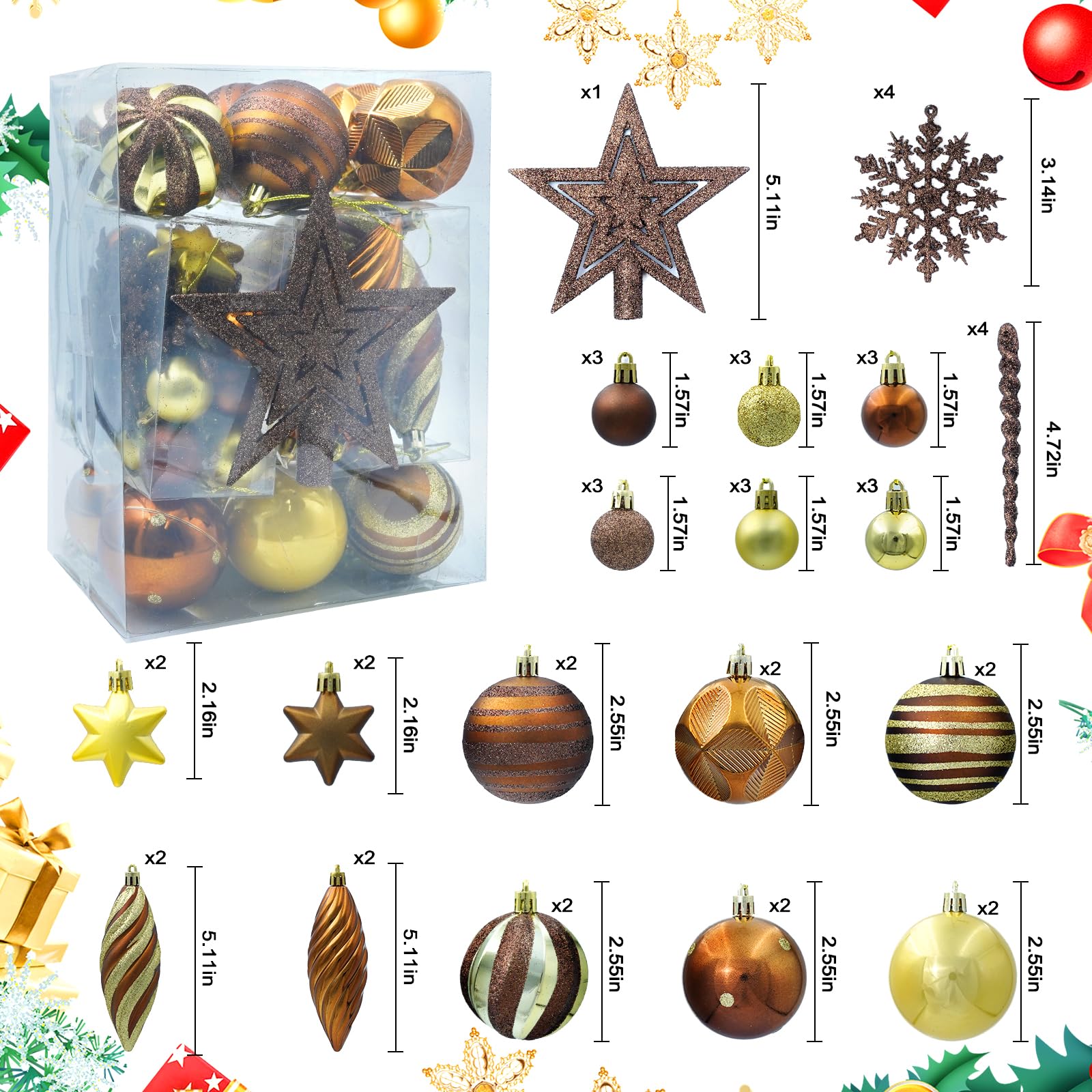 Juego de 50 adornos para árbol de Navidad, bolas de Navidad inastillables con estrella para decoración de árbol con paquete de regalo reutilizable de mano, bola colgante para decoración del hogar