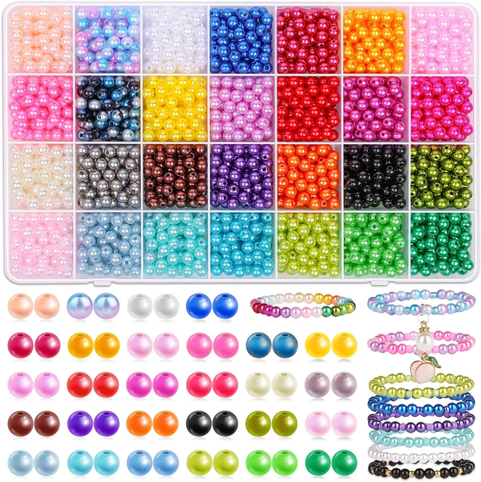 Audab 2240Pcs Colored Pearl Beads in 28 Colors for Jewelry Making - 6mm Round Shiny Beads for Bracelets, Crafts and Jewelry