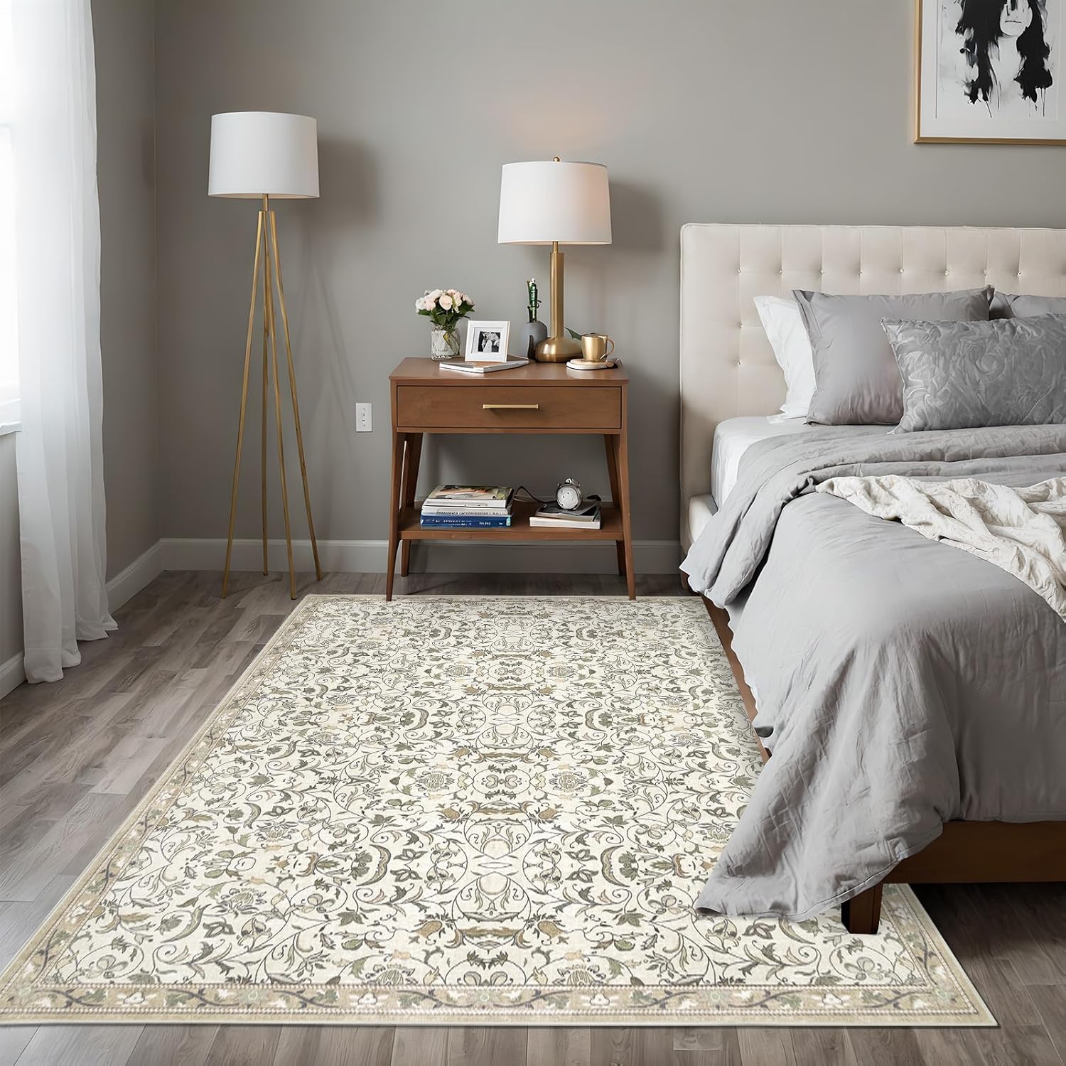 3×5 Washable Large Area Rugs for Living Room, Floral Soft Rug Non Slip Stain Resistant Carpet for Bedroom Dining Room Kitchen Farmhouse Home Decor，Beige Multi 061