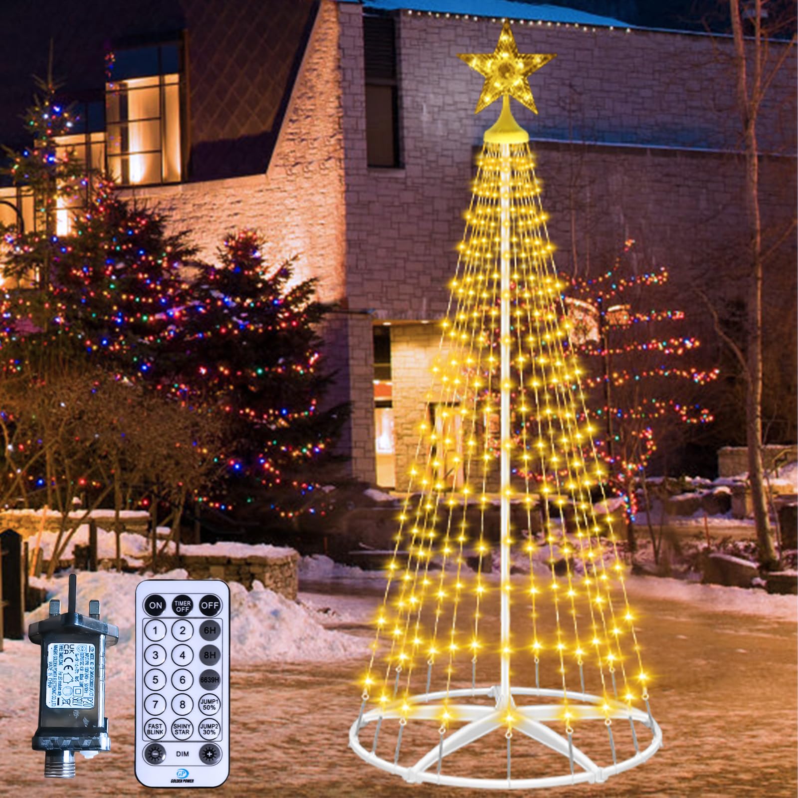 HELESIN Lighted Christmas Cone Tree with Star Topper, 6ft 250 LED (Warm) Christmas Tree Light Show with 12 Modes Remote Control, Artificial Xmas Tree Lights for Indoor Outdoor Yard Patio Decorations