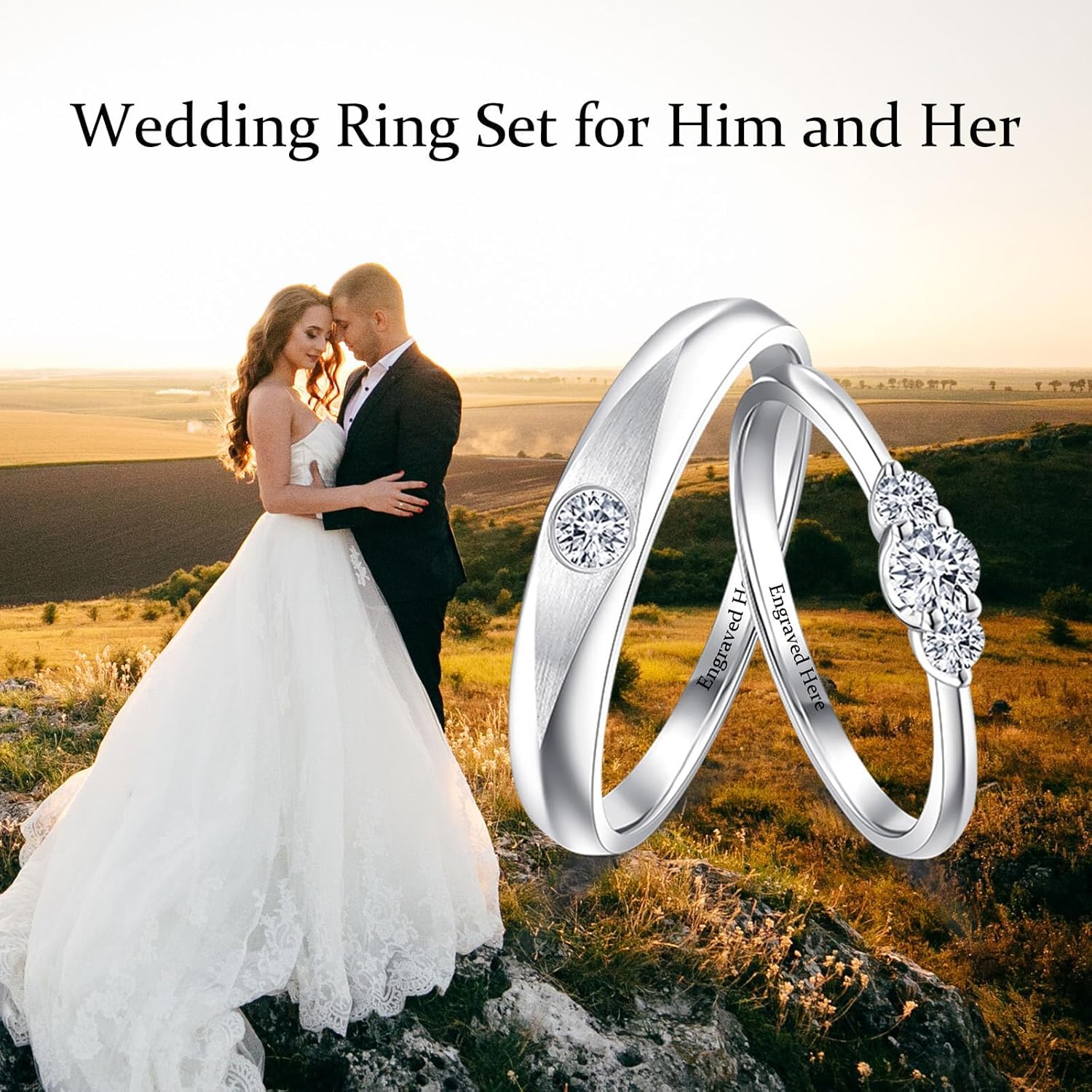 DIYA Personalized Moissanite Wedding Sets for Women Moissanite Engagement Ring Sets Engraved Matching Custom Wedding Ring Sets Gift for Anniversary Birthday Valentines Day Girlfriend Wife Size 4-14