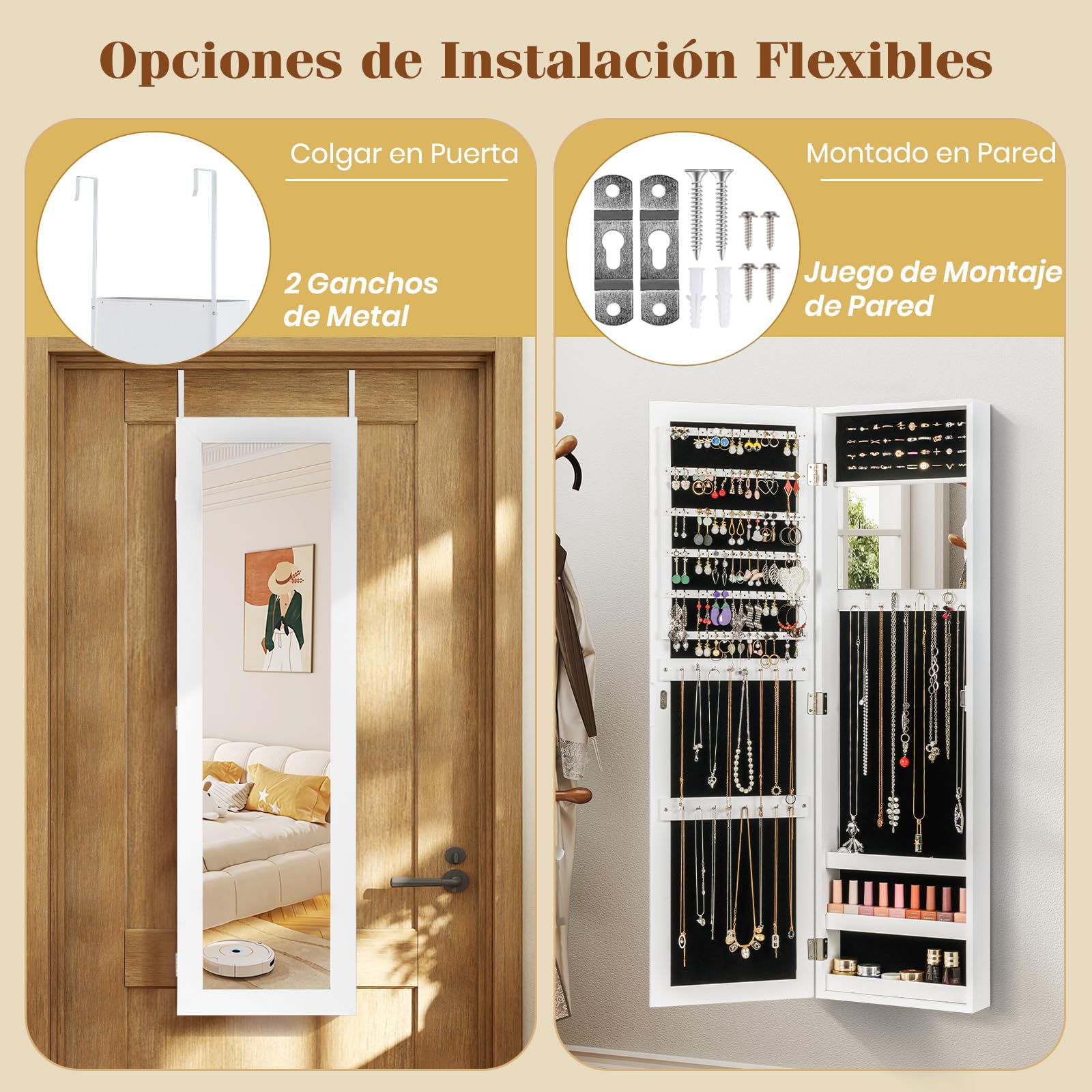 COSTWAY Armario Joyas Espejo Puerta Organizador Cuerpo Entero Maquillaje Incorporado Ganchos 3 Estantes Almacenamiento Blanco