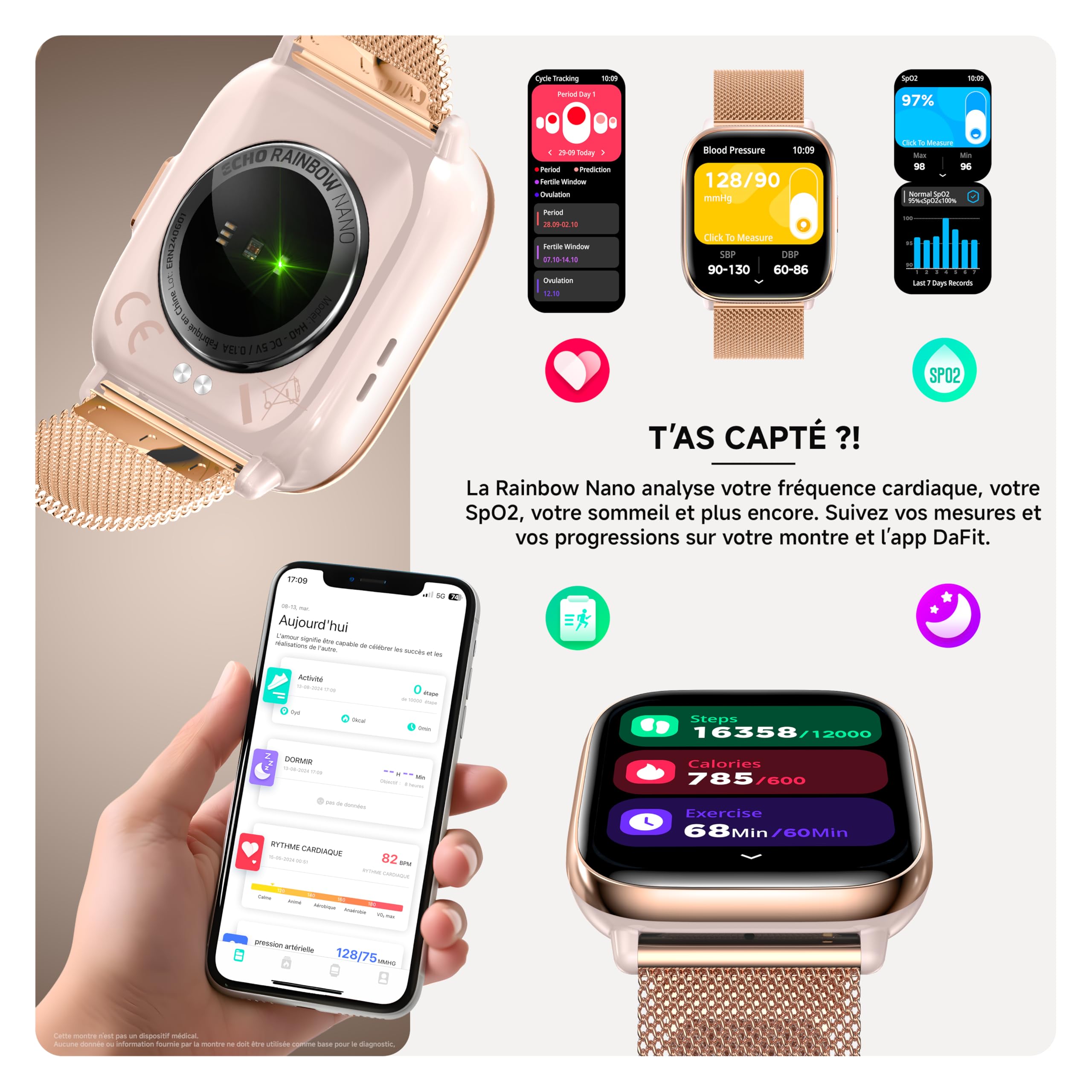 Echo Rainbow Nano Montre Connectée Femme Homme 1.83'', Sport – Or, Rose | 2 Bracelets, Légère, Écran Amoled, Étanche IP68, Autonomie 7 jours, Appel Bluetooth, Android, IOS, Capteurs Santé, Sommeil