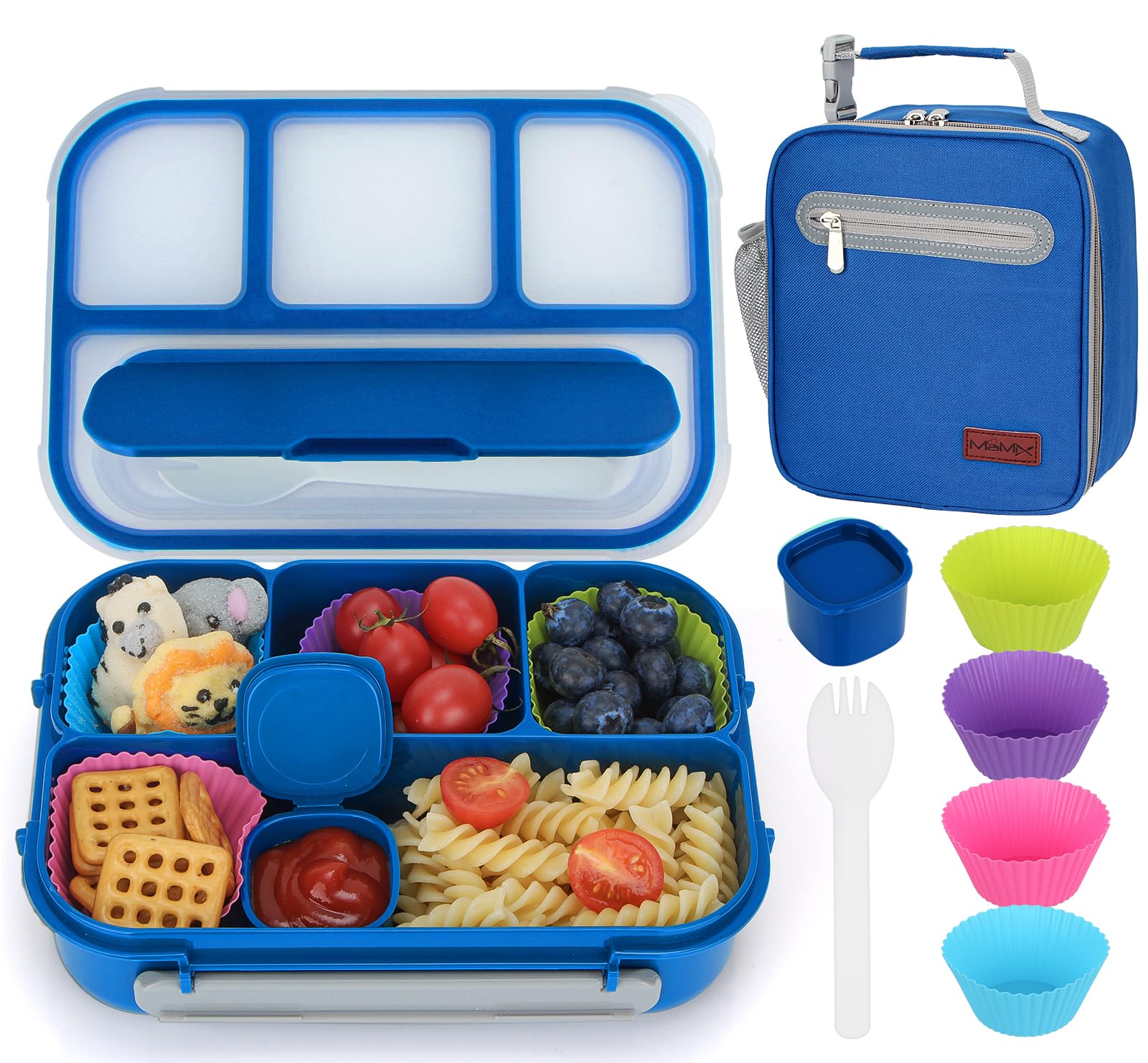 MaMix Bento Box for Kids Lunch Box, Lunchable Containers for Kids Adults with 4 Compartments + Lunch Bag, with Utensils, Sauce Jar, Muffin Liners (bright blue set)