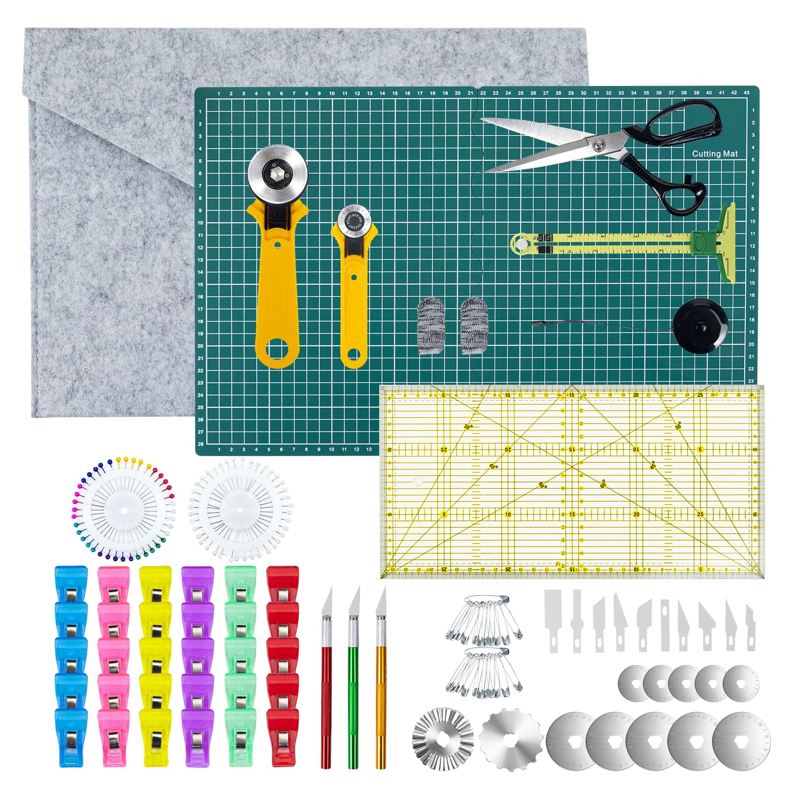Rollschneider-Set zum Nähen & Quilten, 28 mm & 45 mm Stoffschneider mit zusätzlichen Klingen, faltbare A3-Schneidematte, Schere, Lineale & Bastelwerkzeuge-Kit für Stoffschneiden, Patchwork, DIY