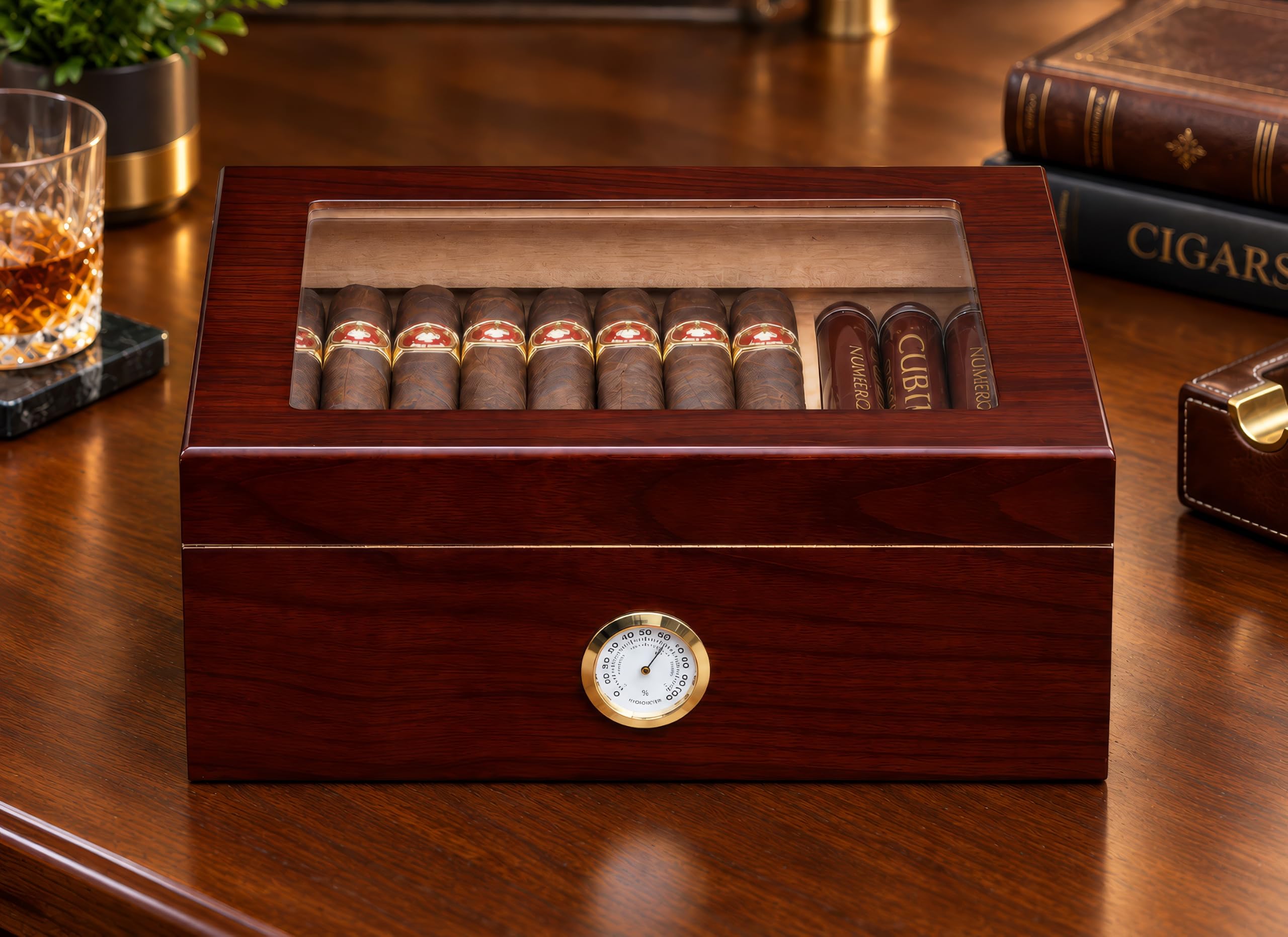 Prestige Import Group - The Chalet Glass Top Cigar Humidor - Capacity: 20-50 - Color: Cherry by Prestige Import Group