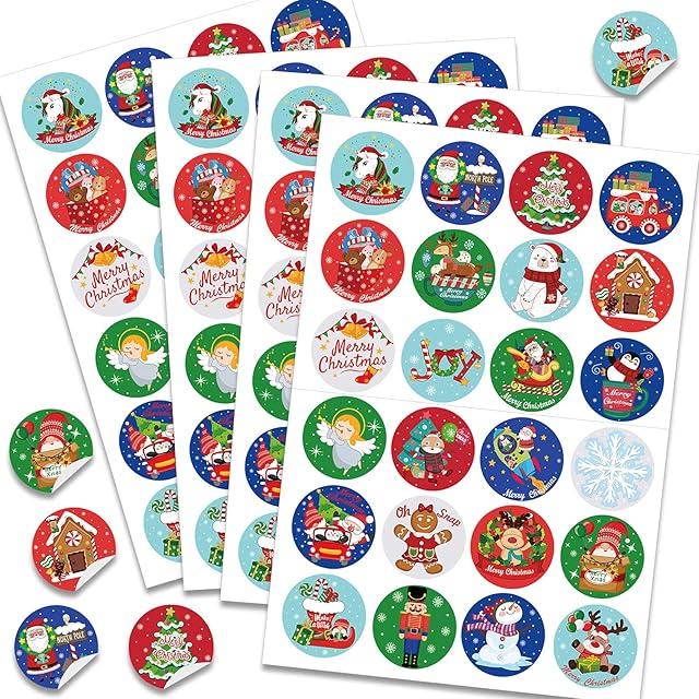HOWAF Christmas Stickers, 96pcs Assortment Holiday Sticker Round Xmas Label Stickers Gift Stickers Kids Stickers for Crafts, Scrapbooking, Card Making, Christmas Party Supplies, 24 Patterns, 4cm