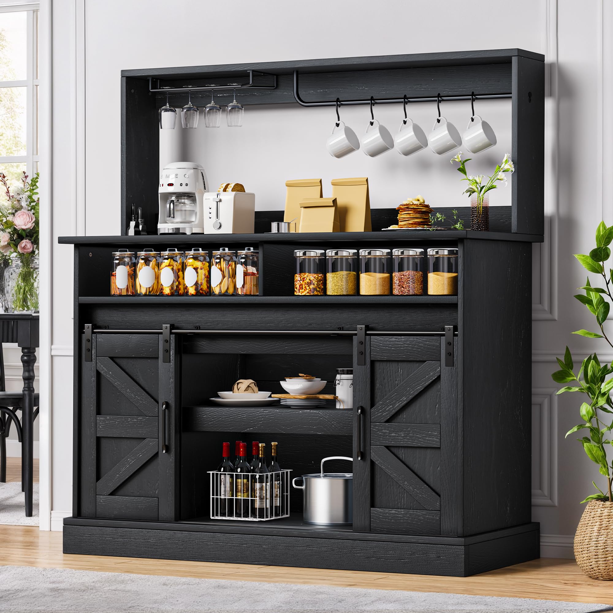 DWVO 47'' Buffet Cabinets with Upper Rack, Farmhouse Coffee Bar Cabinet with Power Outlet & Goblet Holder, Sideboard Cabinets with Sliding Barn Door