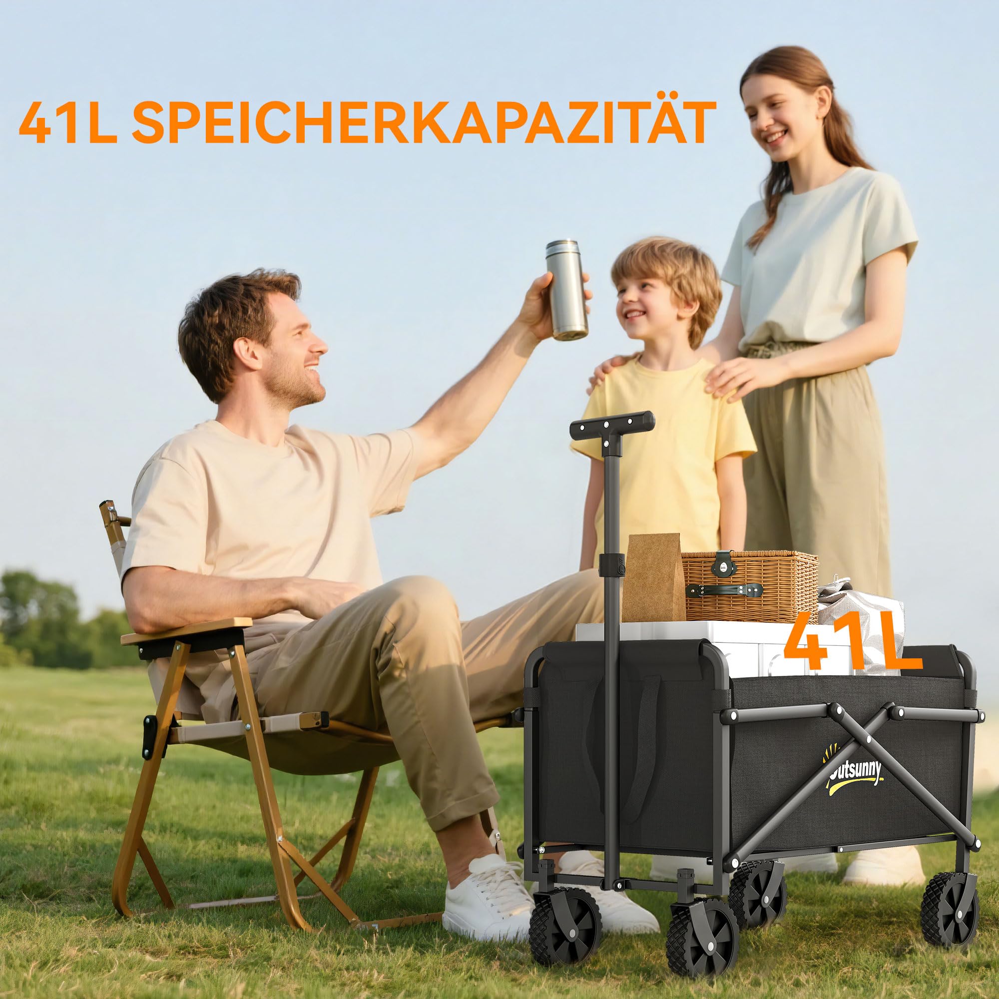 Outsunny Bollerwagen Faltbarer Handwagen 360° Gartenwagen Transportwagen mit verstellbarem Griff Strandwagen bis 60 kg Tragkraft, für Sport, Einkauf, Camping, Schwarz