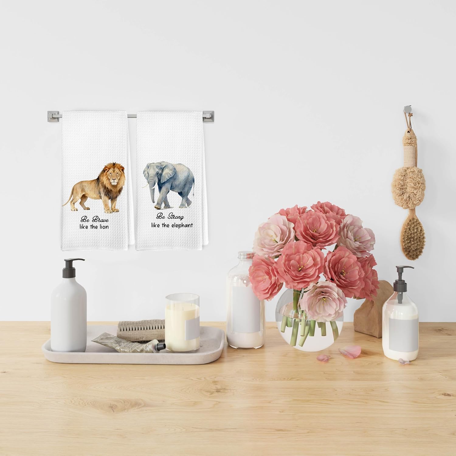 Dibor Inspirational Lion Elephant Kids Hand Towels Dishcloth Set of 2, Wildlife Decor Kitchen Dish Towels, Inspirational Gifts Decorative Hand Tea Towel for Bathroom Kitchen, 16x24 Inch