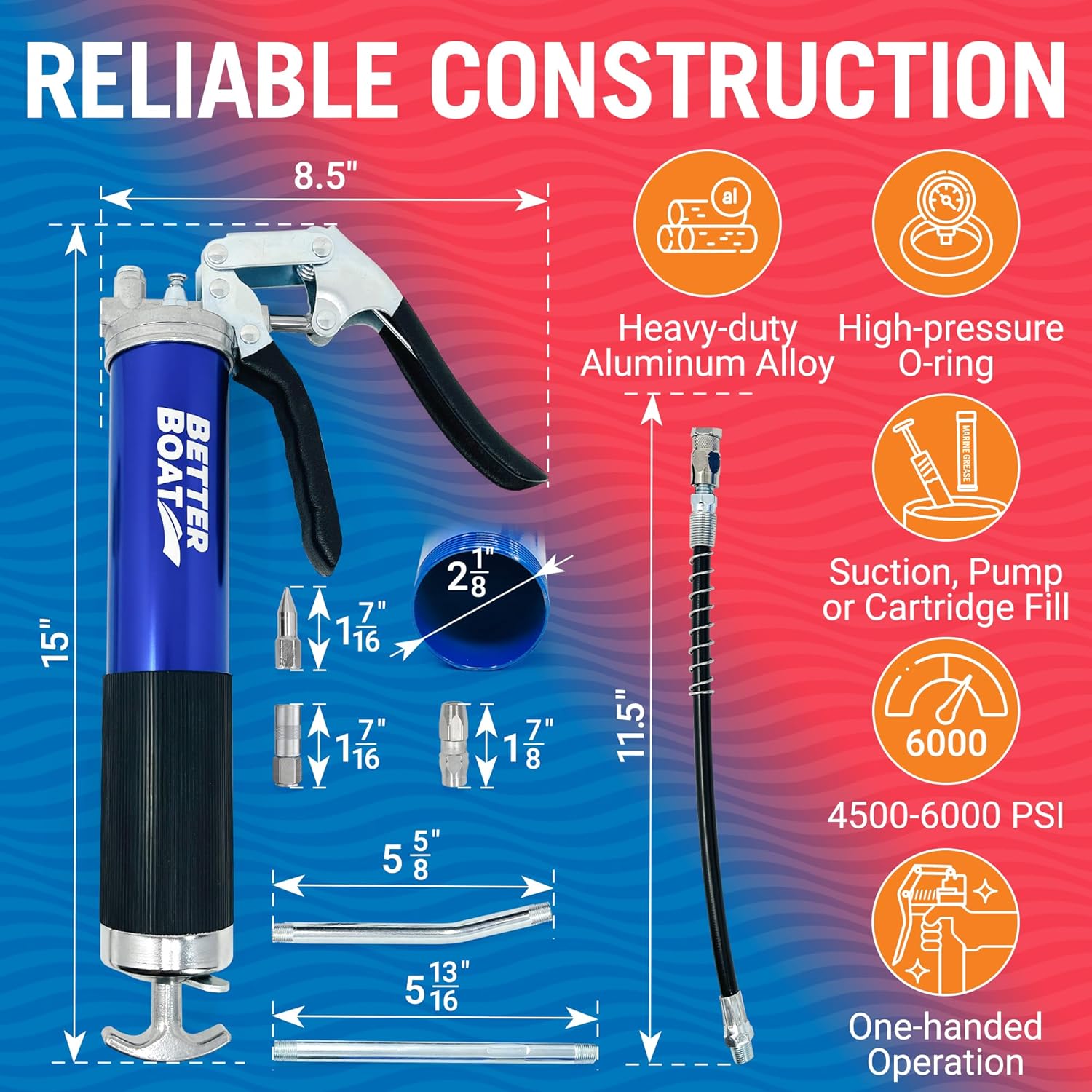 Better Boat Manual Grease Gun Kit, 14 Oz Cartridge, Pistol Grip, Marine Wheel Bearing and Automotive Use