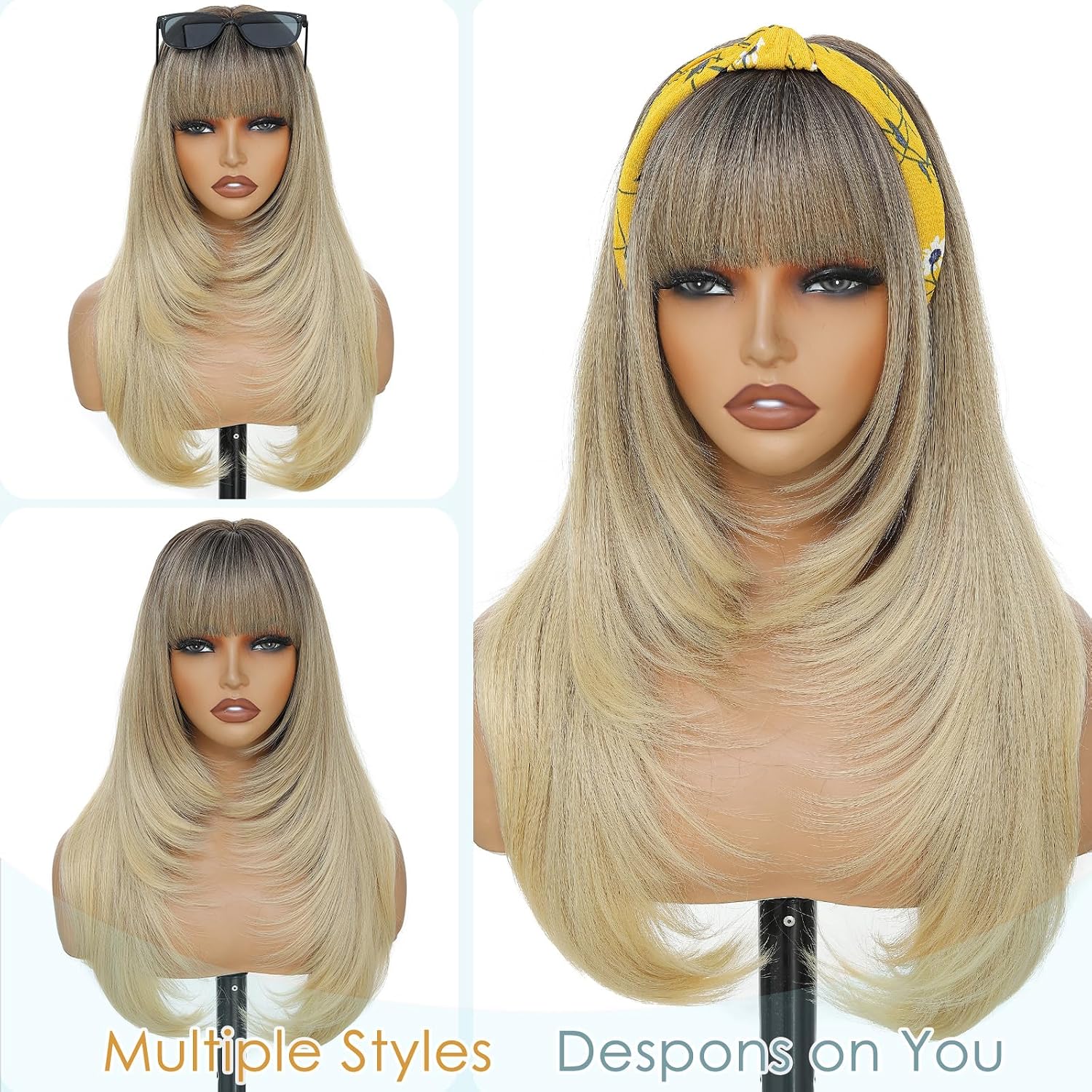 MINLEE Ombre Blonde Wig with Bangs for Women Long Wavy Blonde Wigs 4x4 Realistic Scalp,26 Inch Layered Blonde Hair Wigs Heat Resistant Synthetic Wigs