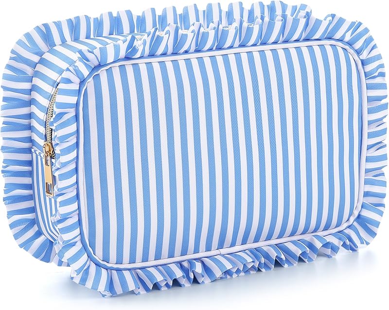 Necessaire de maquiagem Kigeli com babados, nylon, listrada, azul, 22,9 cm