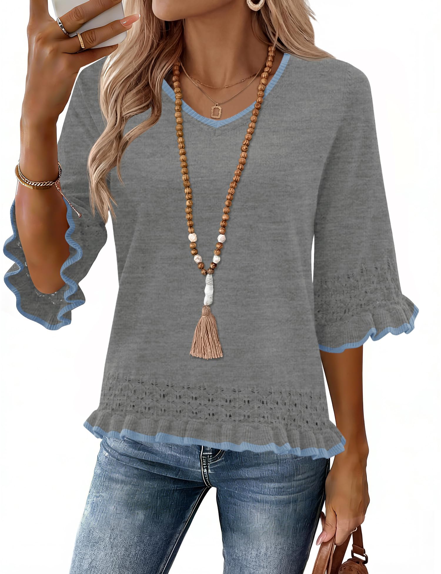 LOMON Womens Sweaters 3 4 Sleeve Business Casual Sweater V Neck Boho Tops Cute Crop Knit Peplum Pullover