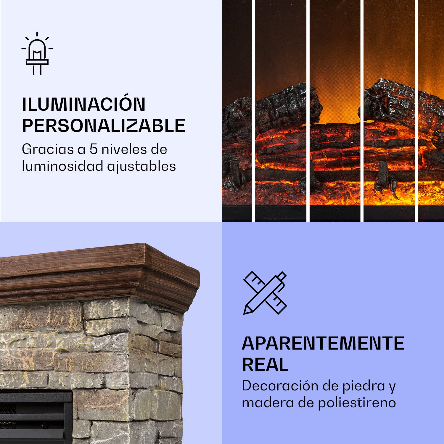 Klarstein Chimenea Electrica Bajo Consumo Pared, Estufa sin Leña de Interior, Chimeneas Electricas Decorativas 1800W, Llama LED, Chimenea Decorativa con Mando, Temporizador y Efecto Real Troncos