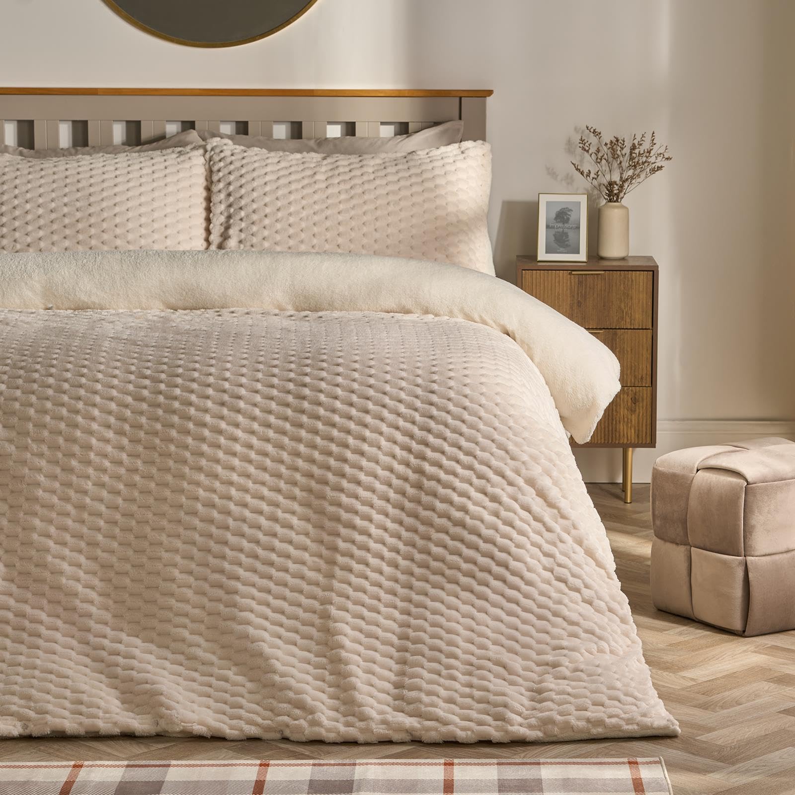 Ohs Cream Waffle Fleece Duvet Set, Autumn Winter Luxury Double Fleece Bedding Super Soft Cosy Warm Sherpa Reversible Double Duvet Set With Matching Pillowcases,
