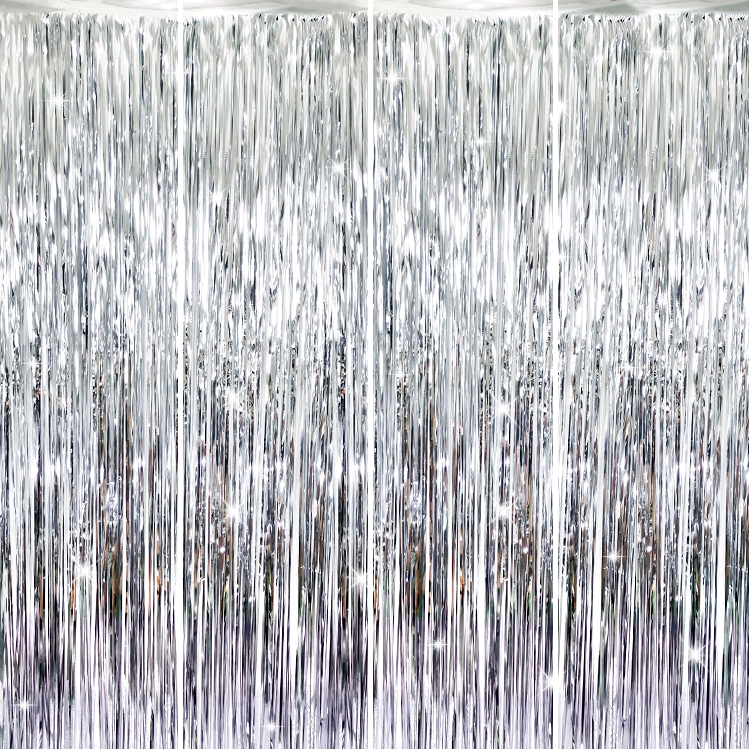 GOER 3.2 ft x 8.2 ft Metallic Tinsel Foil Fringe Curtains Party Photo Backdrop Party Streamers for Birthday,Graduation,New Year Eve Decorations Wedding Decor (4 Packs,Silver)