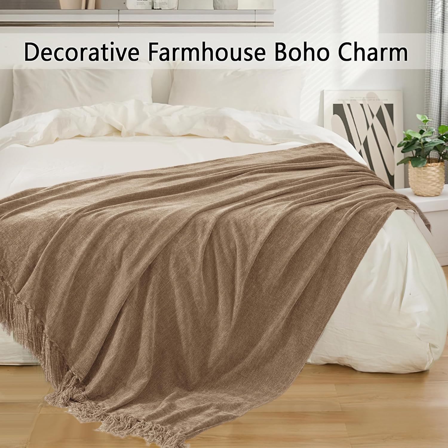Chenille Throw Blanket for Couch 50"X 60", Soft Cozy Throws with Fringe Tassel for Bed Sofa Chair Cover, Lightweight Knitted Decorative Boho Blankets for Living Room, Taupe - Image 5
