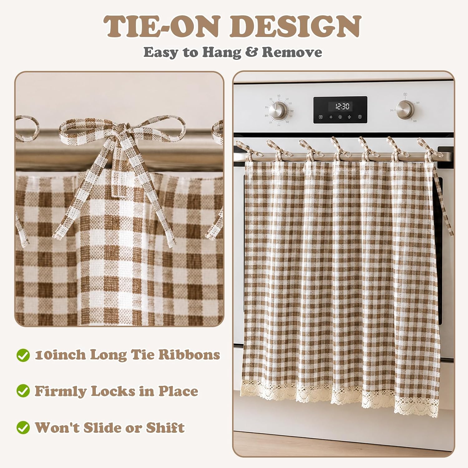 Farmhouse Oven Skirt 30 x 22 Inch Check Pattern with Crochet Lace Trim and 7 Ribbon Ties, Kitchen Stove Cover Curtain for Oven Sink Cabinet Coffee Station Dishwashers Decor (Beige Check)
