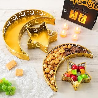 4 Pcs Ramadan Trays Decor Eid Mubarak Moon Serving Trays Star Islam Muslim Food Serving Tray Iron Tray Decorations for Ramadan Islam Party Dessert Pastry Display Holder Decoration
