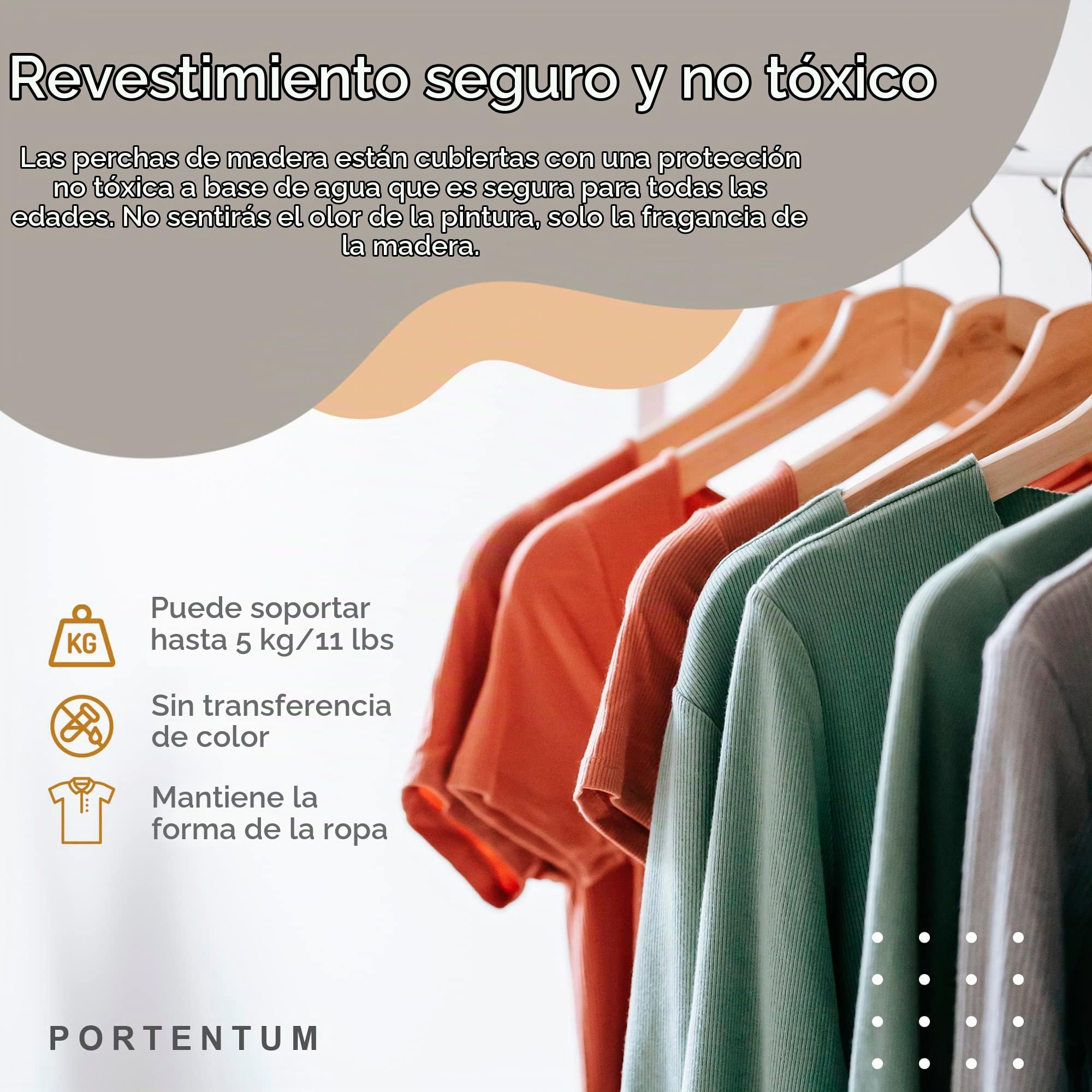 PORTENTUM Set de 20 Perchas de Madera para Ropa, Color Natural. Gancho Giratorio 360º, Perchas Pantalones, Colgador Antideslizante para Trajes, Chaquetas y Camisas, Muescas para Vestidos y Blusas