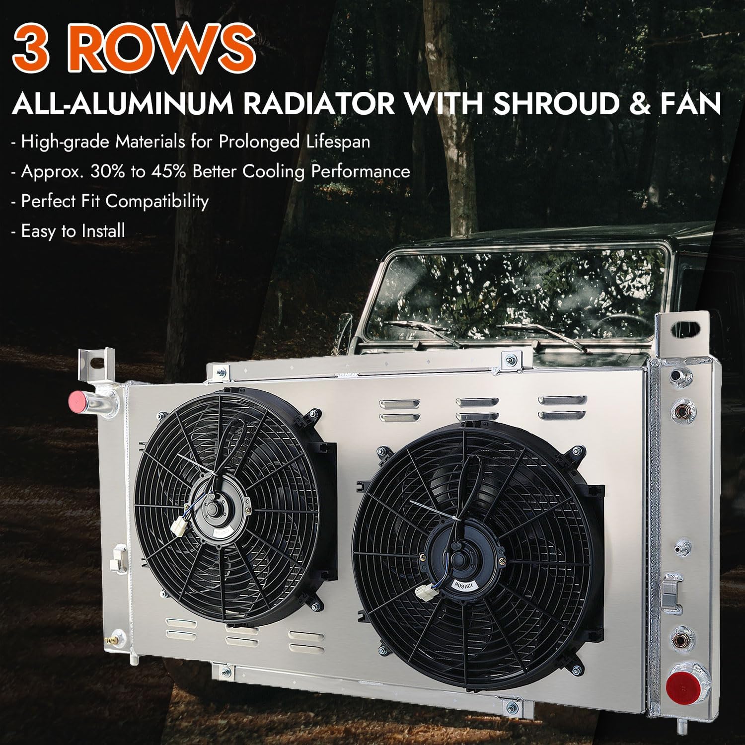 CU2370 3 Row Aluminum Radiator for 1999-2014 Chevy GMC Yukon Silverado Sierra 1500 2500 3500 HD for Tahoe Avalanche Cheyenne Suburban Cadillac Radiators Shroud 2x14" Fans Thermostat Relay Kit